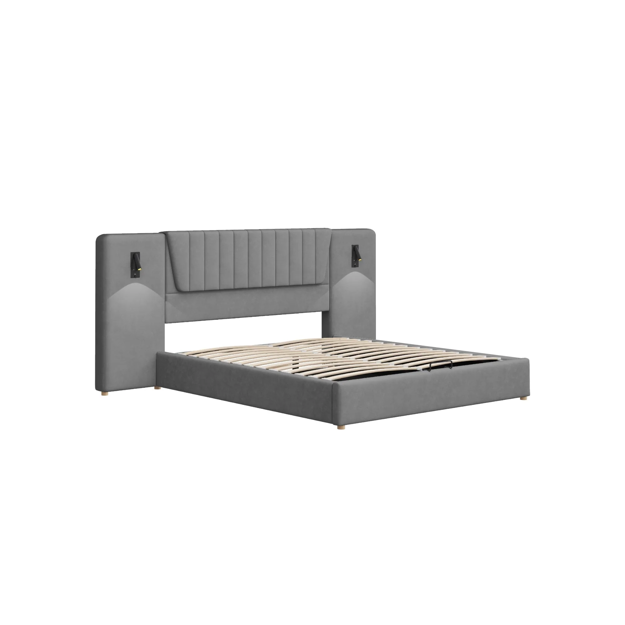 Upholstered Bed 180x200cm, Hydraulic Storage with USB & Reading Lamp, Grey Velvet - Image 9
