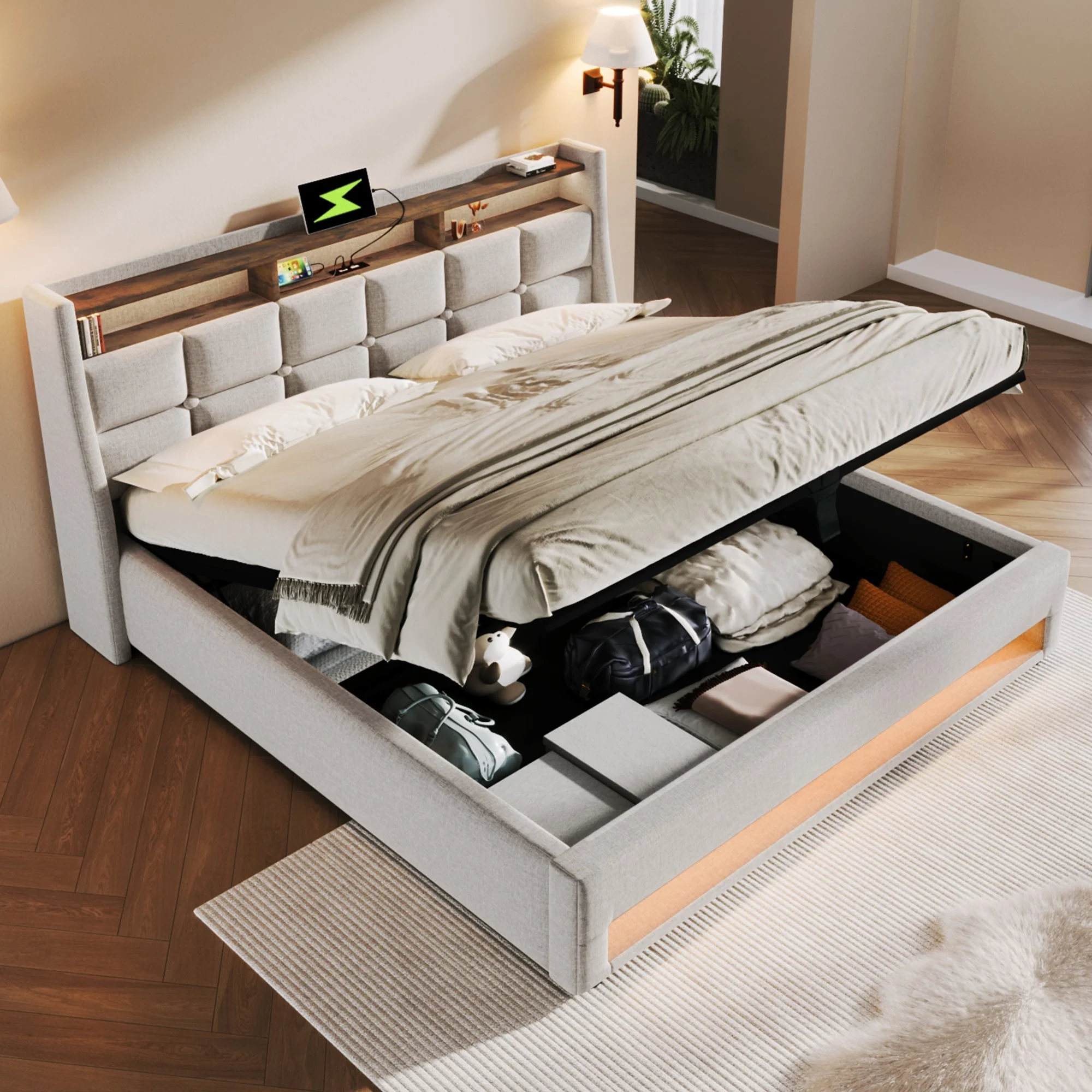 Upholstered Bed, 180x200cm LED Double with USB, Linen - Image 6