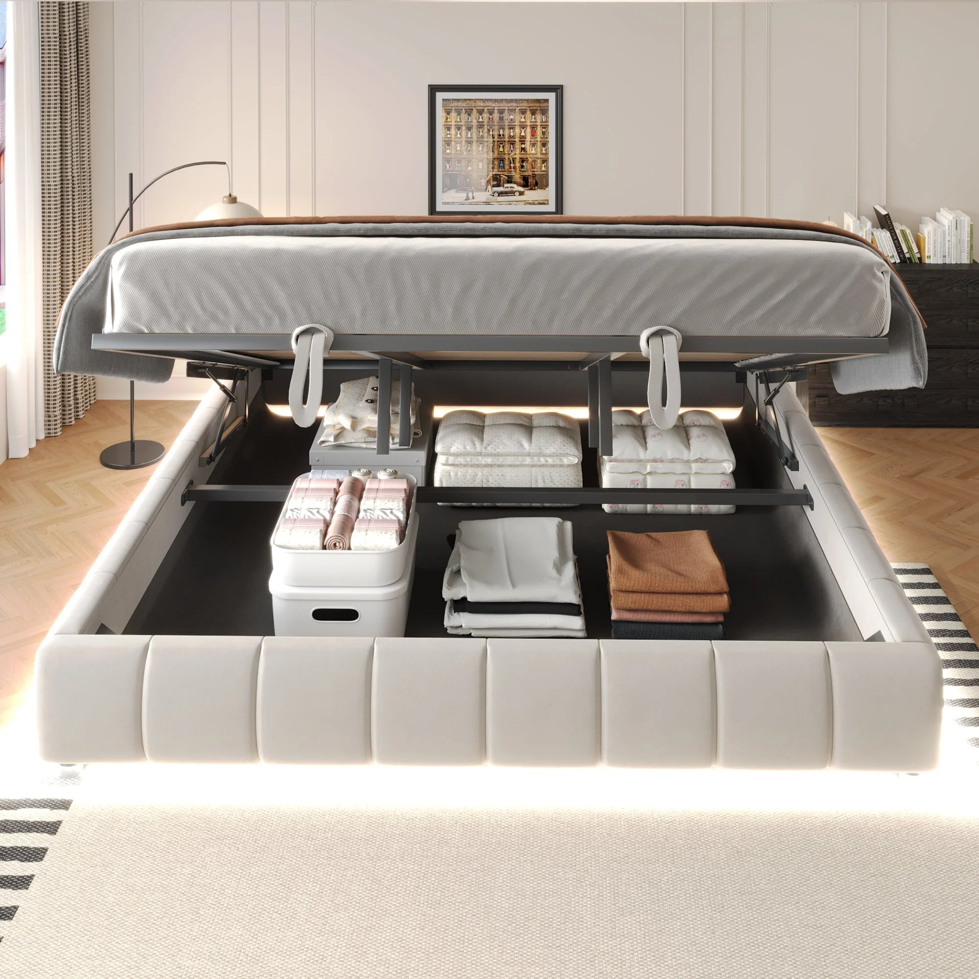 Upholstered Bed 180x200cm LED Floating Frame Storage, Beige - Image 2