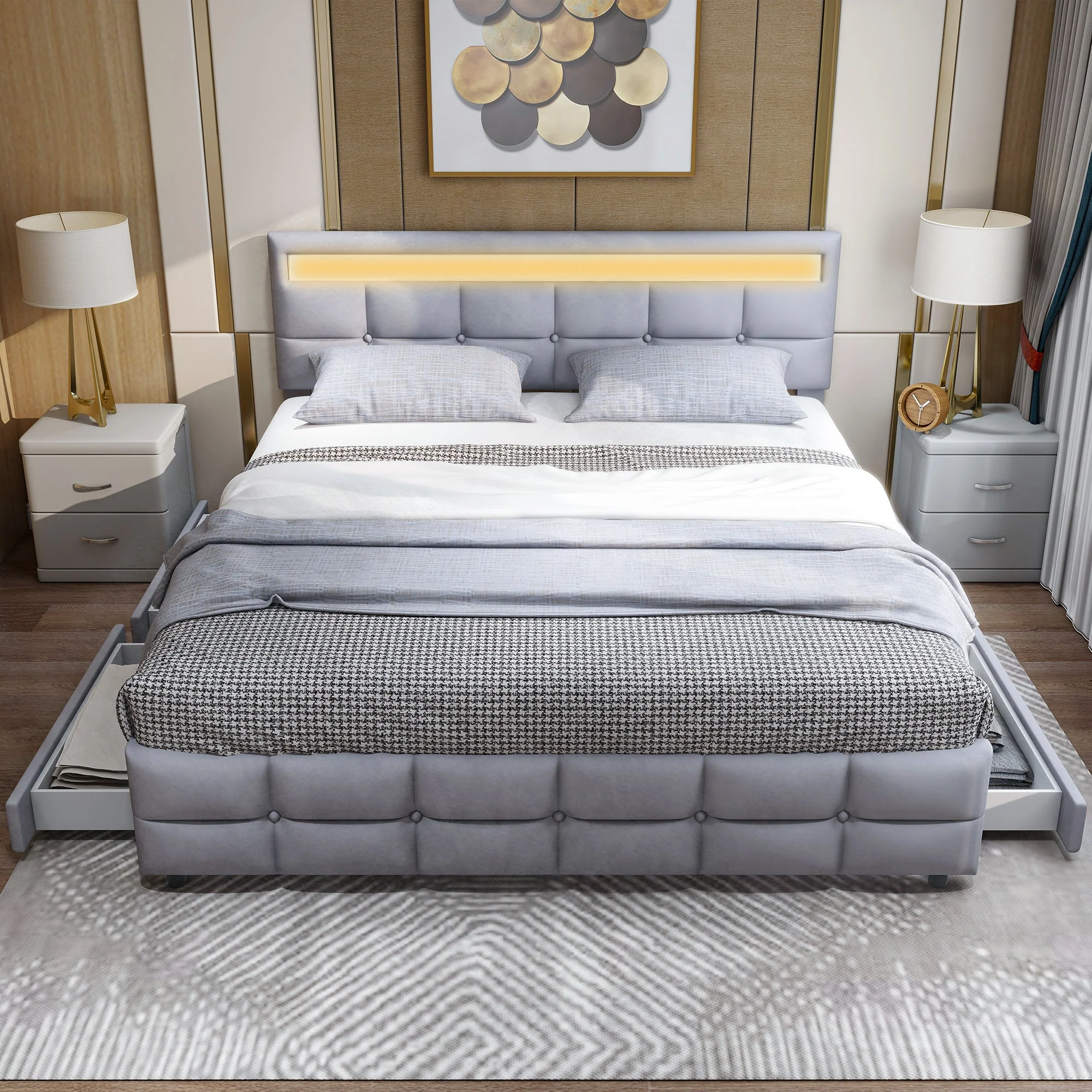 Upholstered Bed 180x200cm LED Frame 4 Drawers, Velvet Grey - Image 2