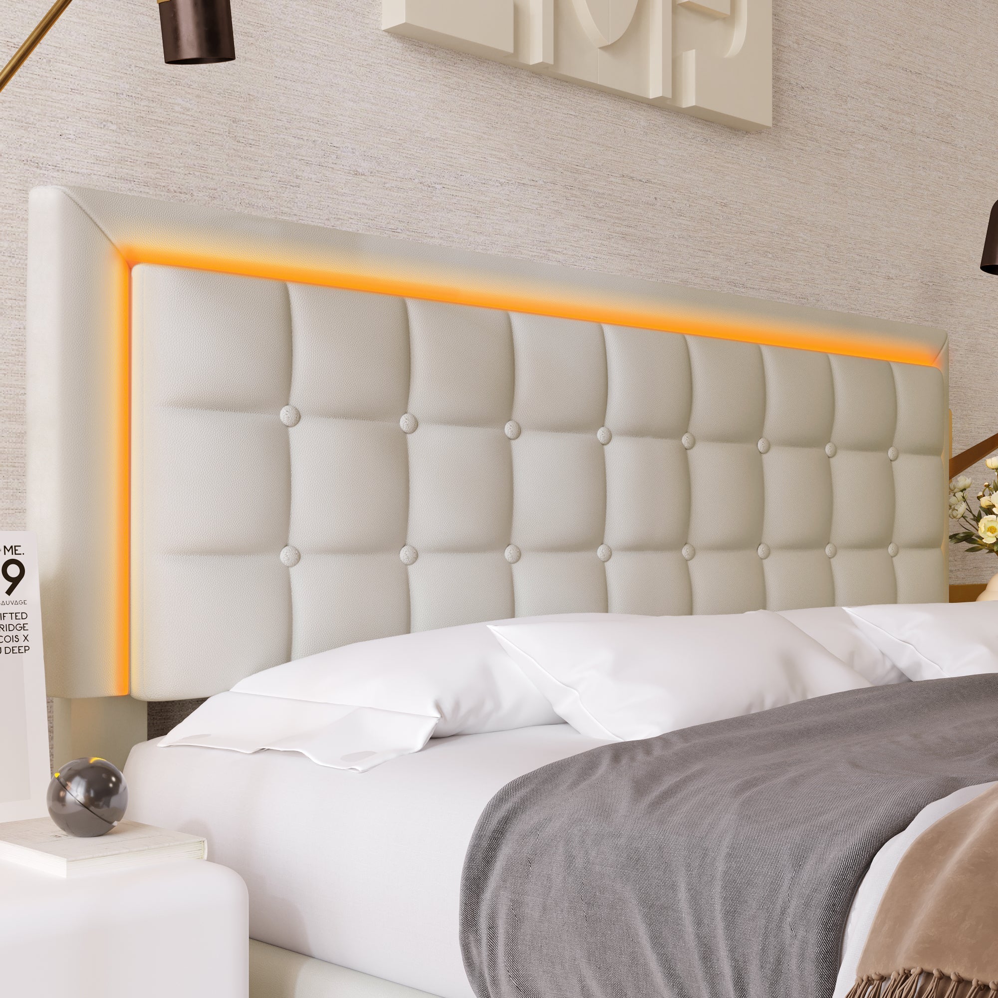 Upholstered Bed, 180x200cm LED Storage Double, White Artificial Leather - Image 10