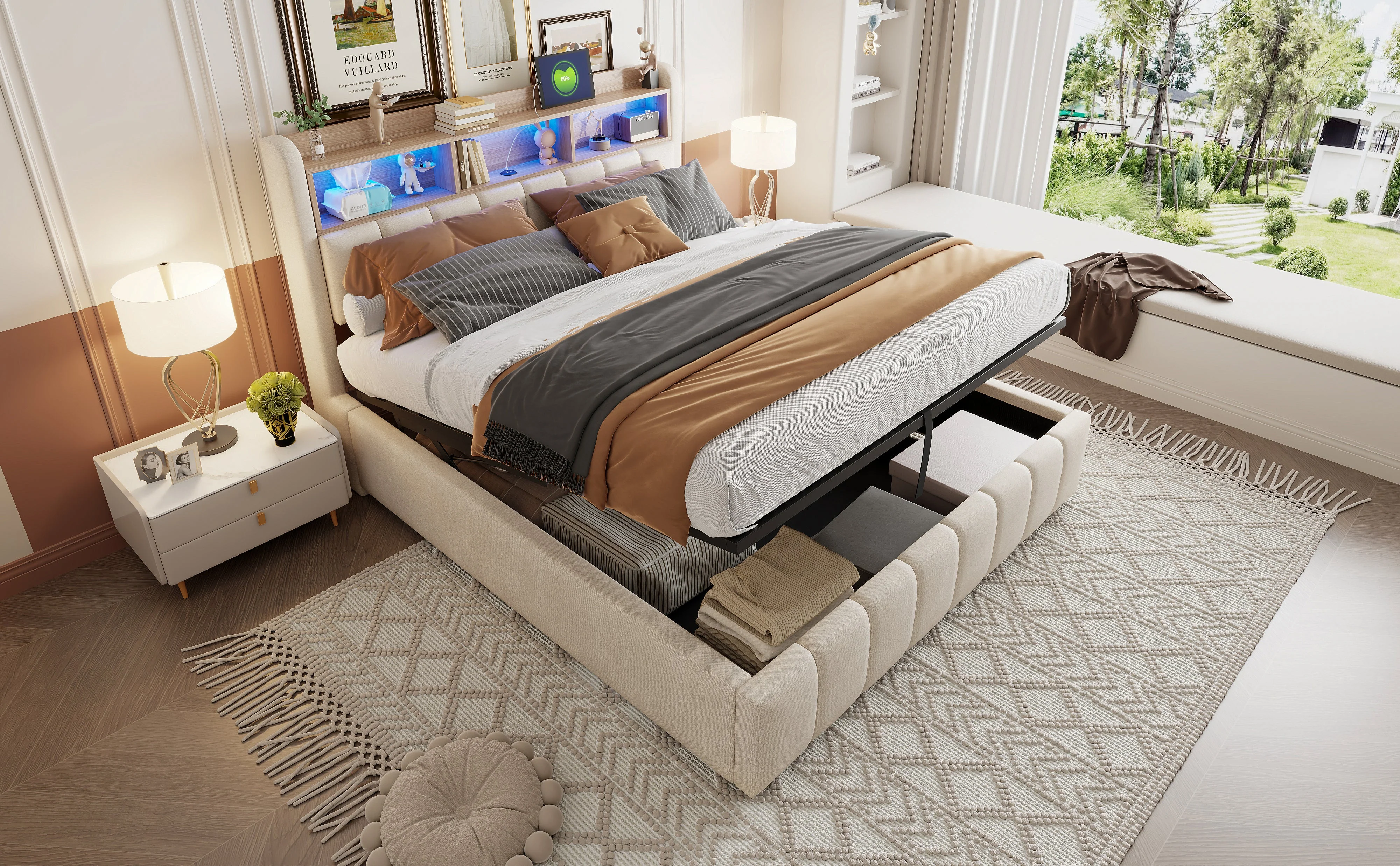 Upholstered Bed 180x200cm LED/USB, Hydraulic Storage Headboard, Beige Linen Fabric - Image 5