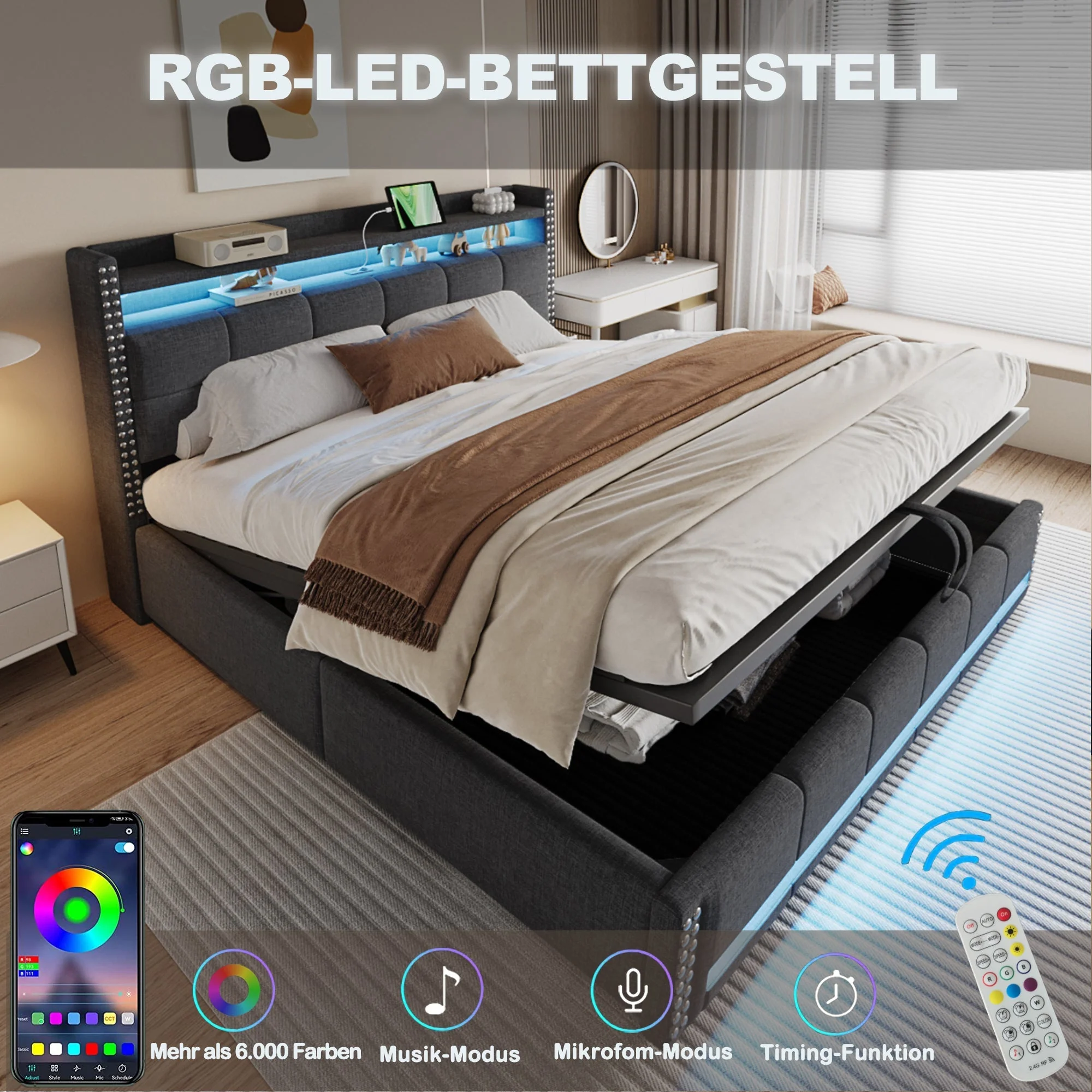Upholstered Bed 180x200cm LED/USB Hydraulic Storage Linen Fabric Grey - Image 5