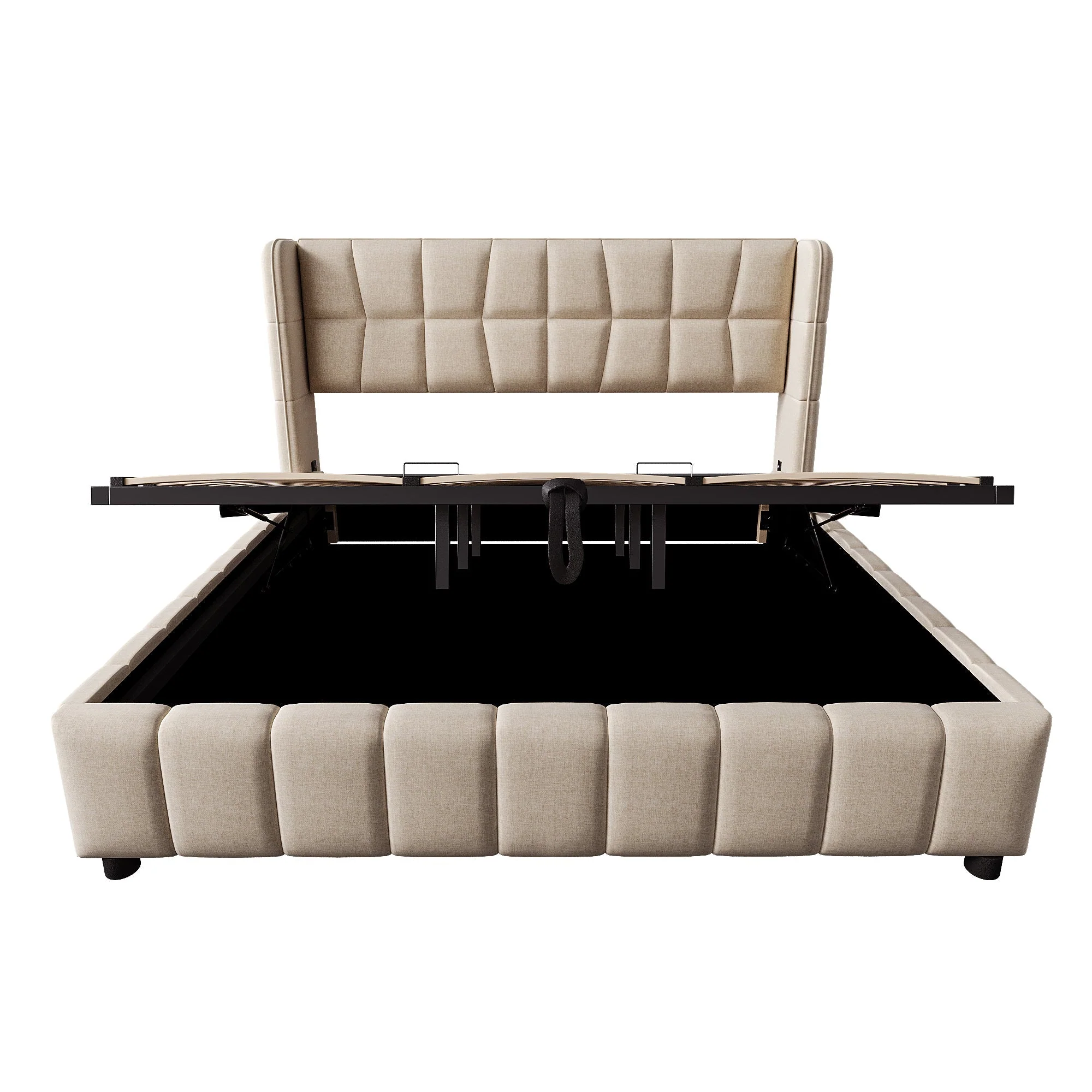 Upholstered Bed 180x200cm Pneumatic Storage Slatted Frame - Beige Linen - Image 10