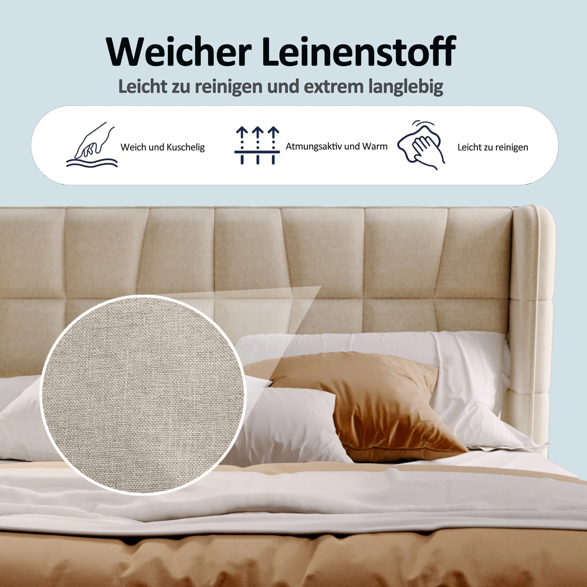 Upholstered Bed 180x200cm Pneumatic Storage Slatted Frame - Beige Linen - Image 5