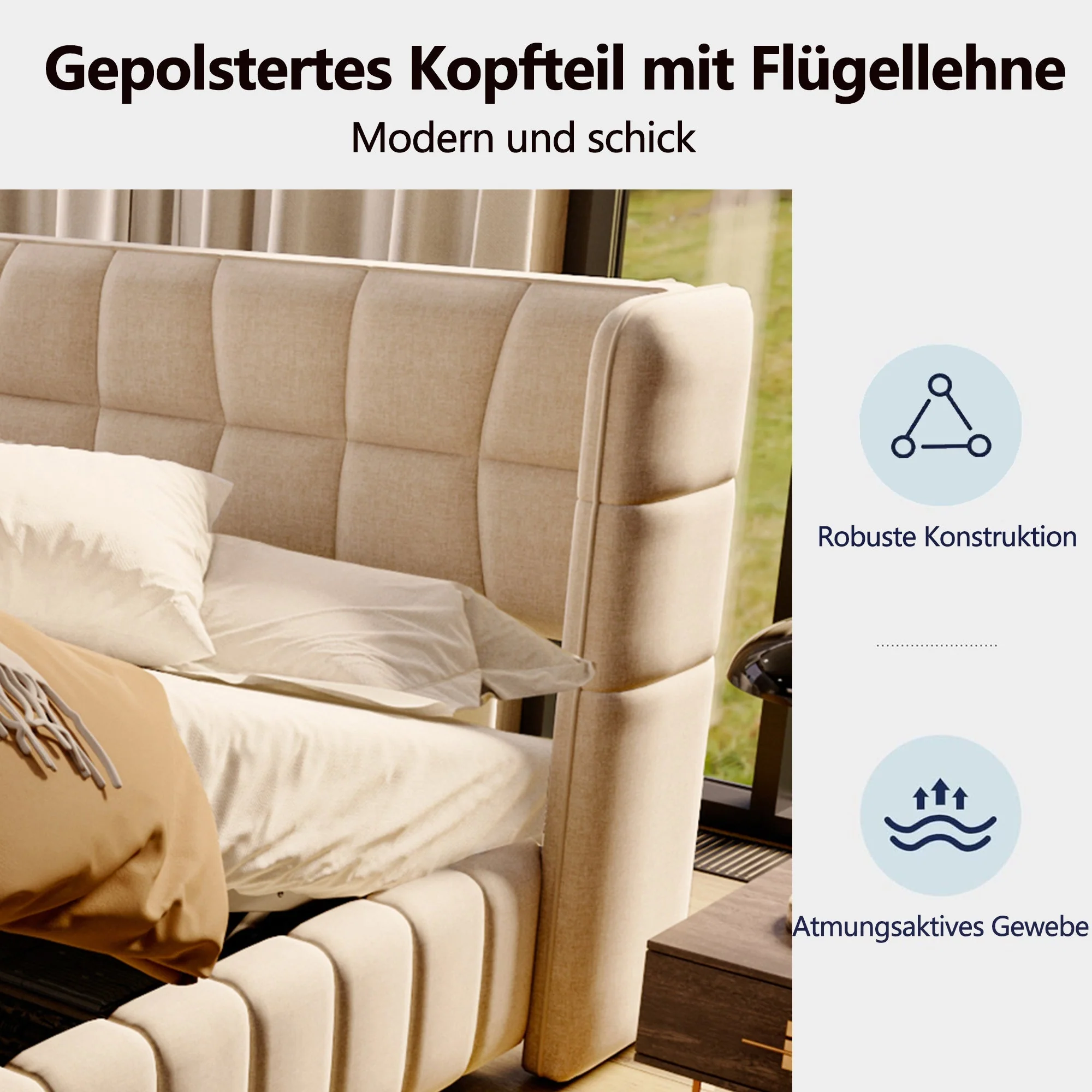 Upholstered Bed 180x200cm Pneumatic Storage Slatted Frame - Beige Linen - Image 6