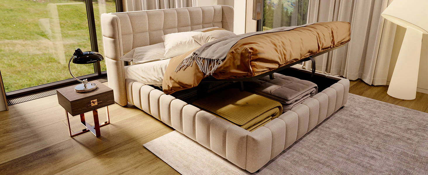 Upholstered Bed 180x200cm Pneumatic Storage Slatted Frame - Beige Linen - Image 8