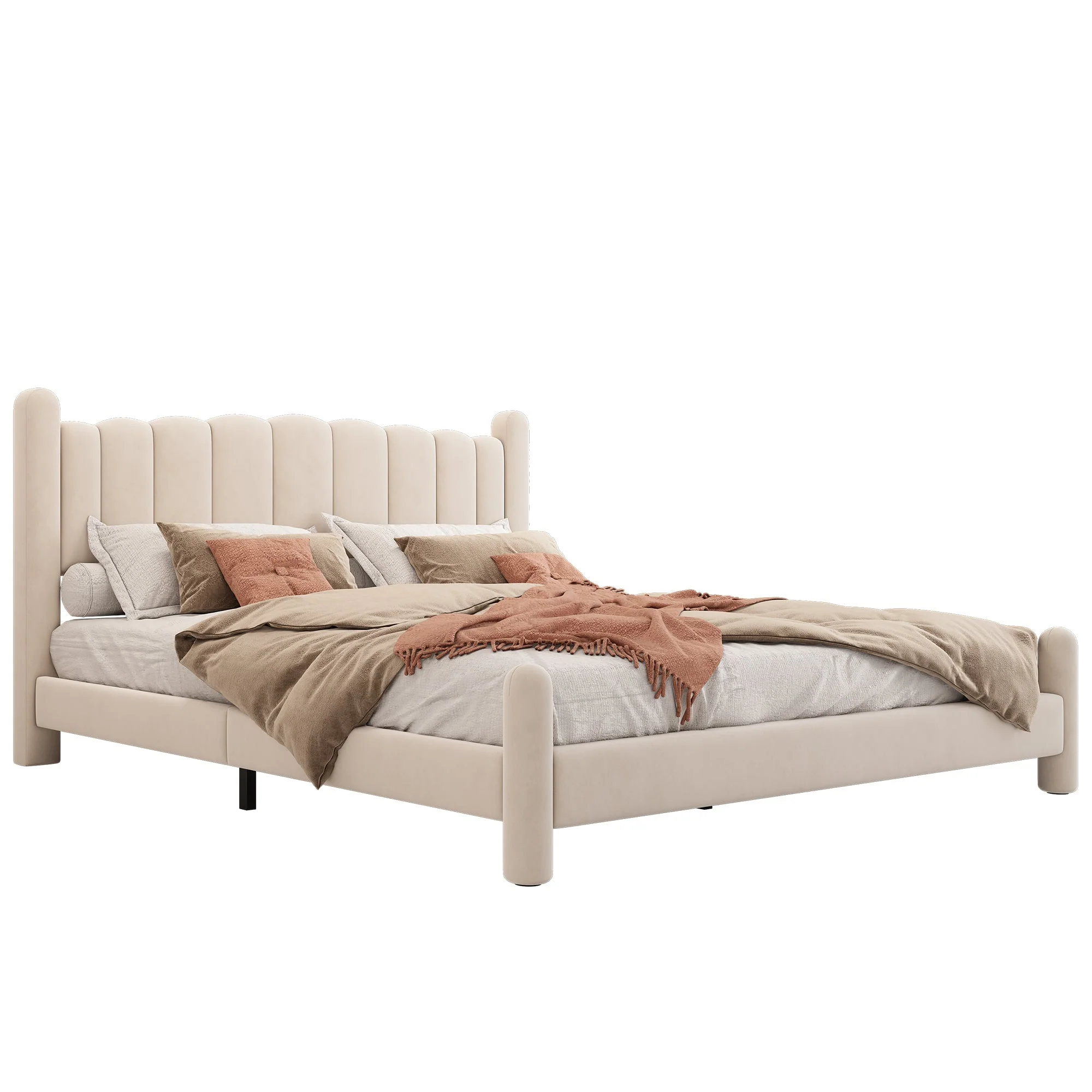 Upholstered Bed 180x200cm Slatted Base Fan-Shaped Headboard Beige Velvet - Image 6