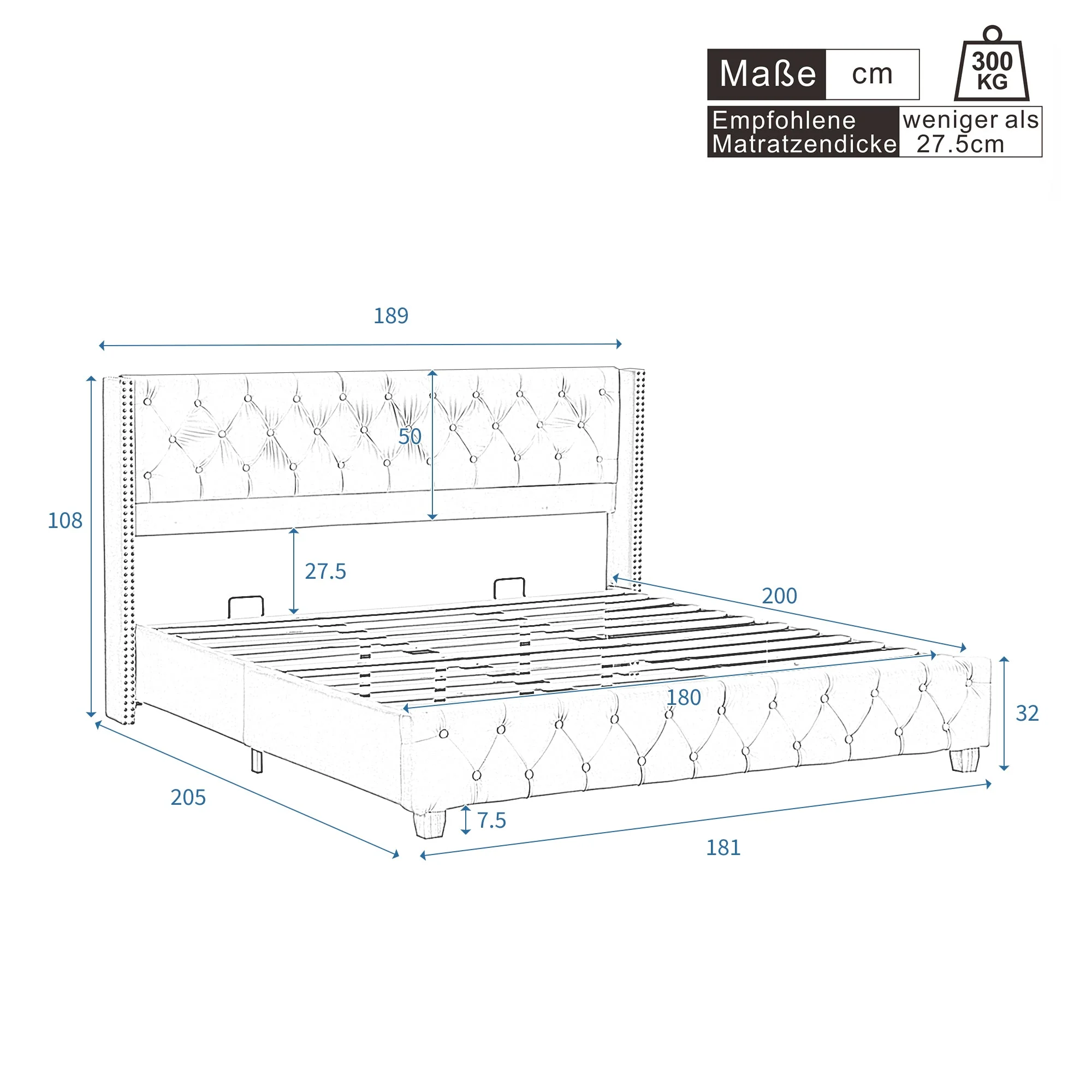 Upholstered Bed 180x200cm Slatted Frame Headboard Button Studded Wooden Legs Velvet Grey - Image 4