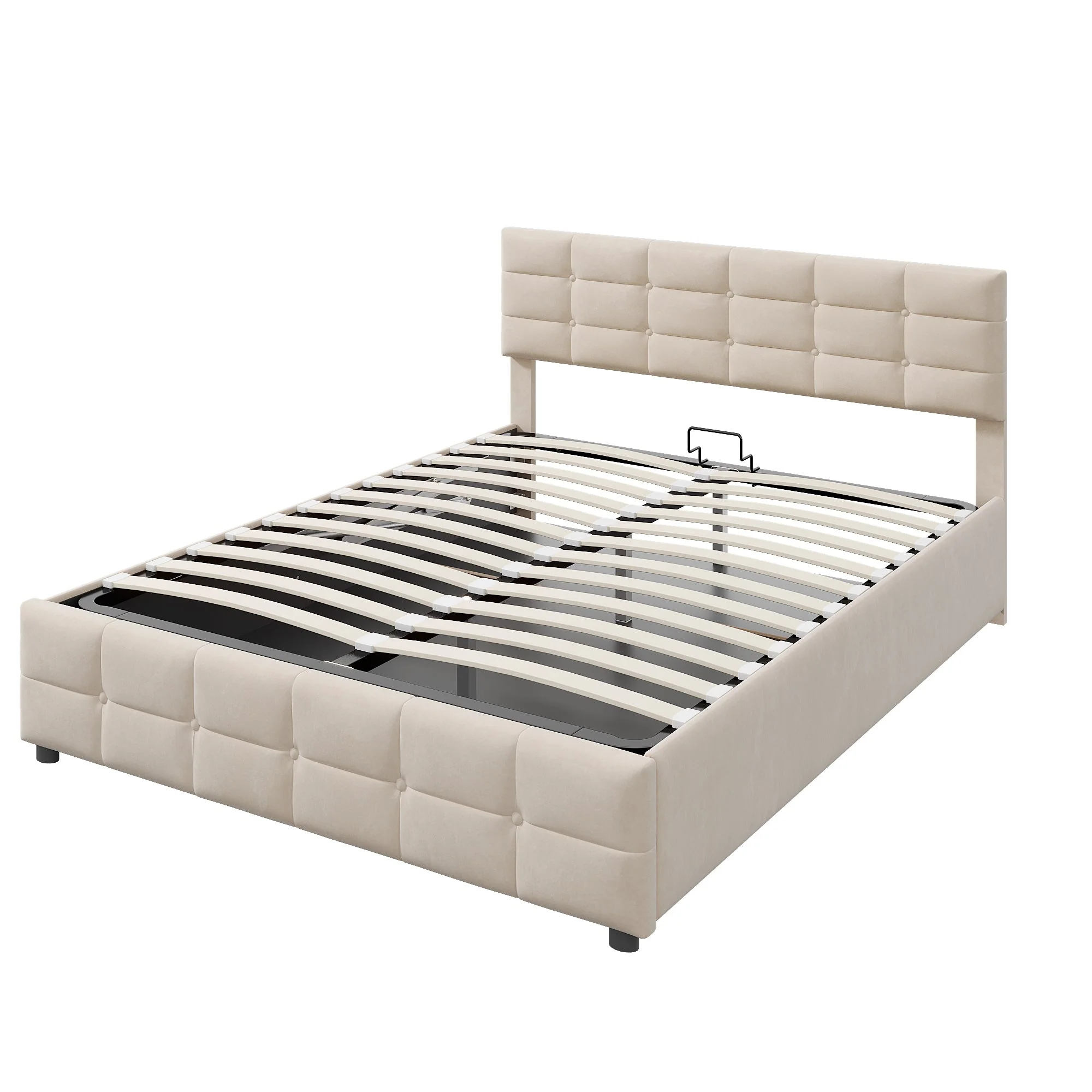 Upholstered Bed 180x200cm Slatted Frame Hydraulic Single Bed, Dutch Velvet Beige - Image 4
