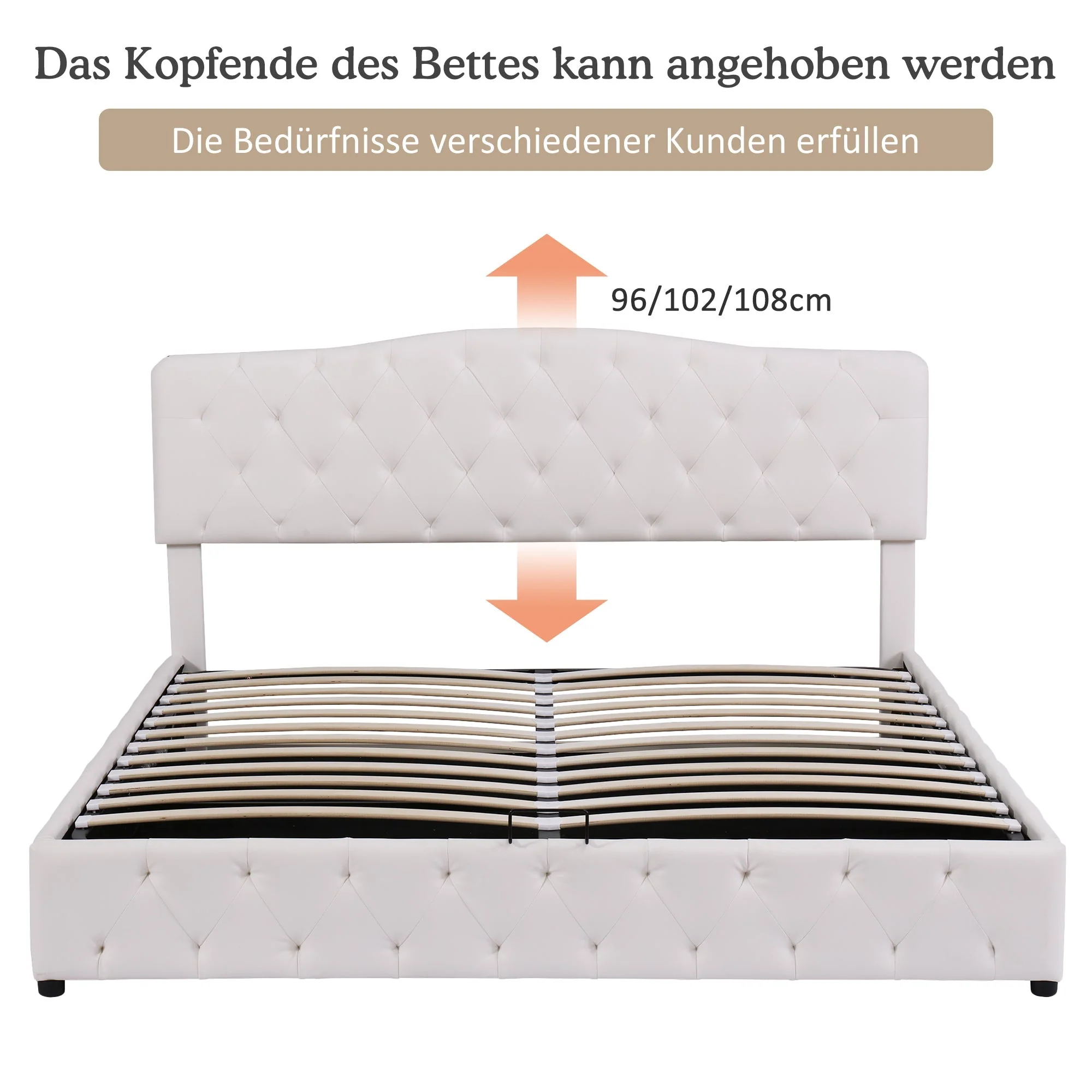 Upholstered Bed 180x200cm Storage Adjustable Headboard Slatted Frame - White PU - Image 8