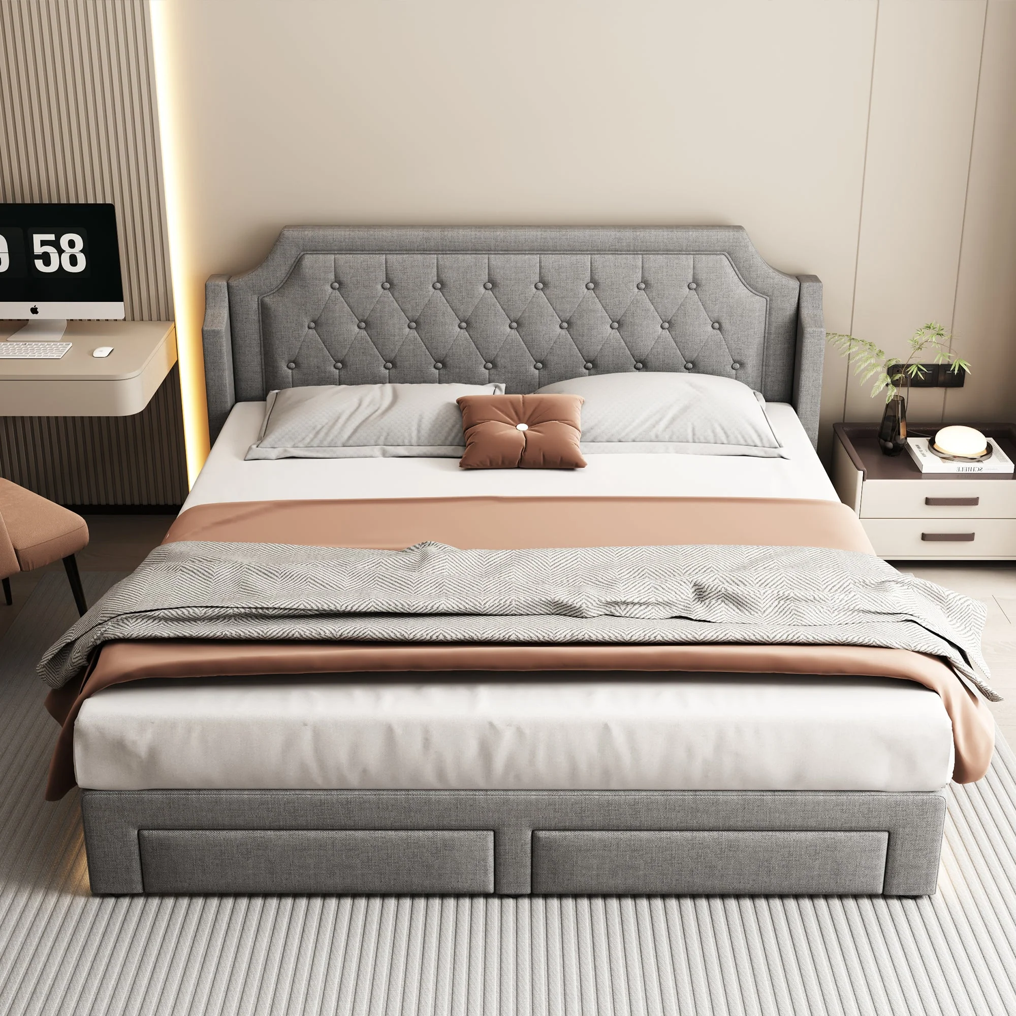 Upholstered Bed 180x200cm with 2 Drawers, LED & Slatted Base - Linen Grey - Image 4