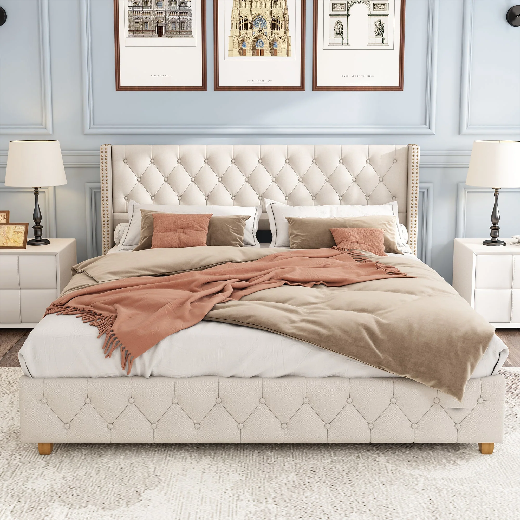 Upholstered Bed 180x200cm with Headboard, Button & Studded Upholstery, Linen Beige - Image 5