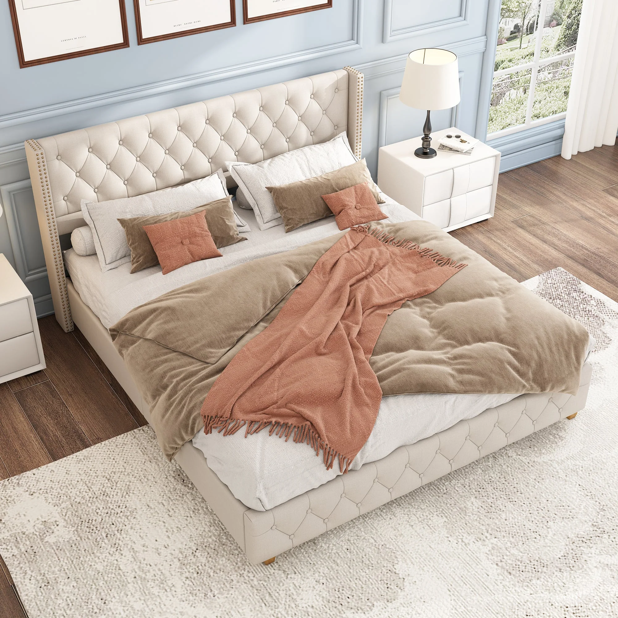 Upholstered Bed 180x200cm with Headboard, Button & Studded Upholstery, Linen Beige - Image 6