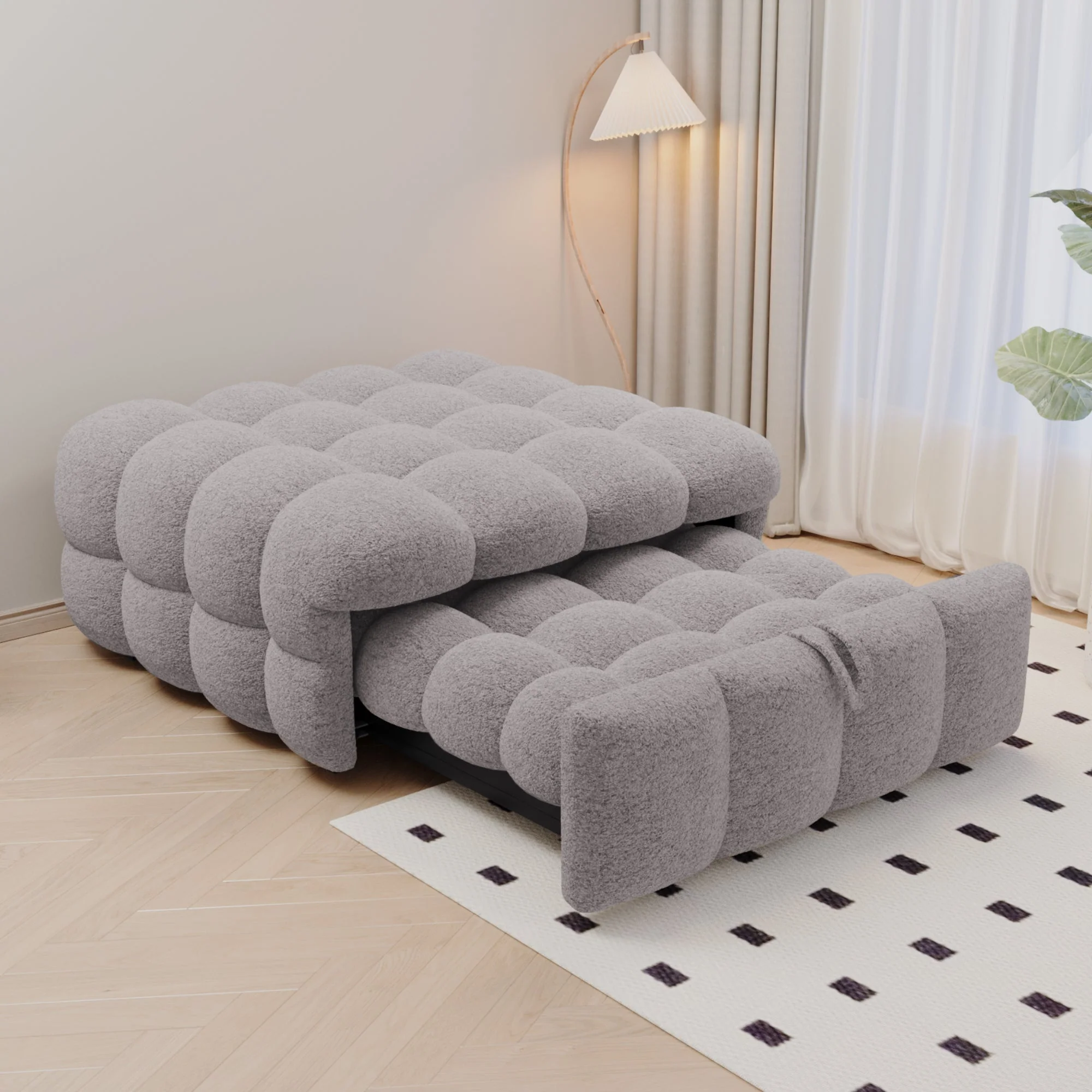 Upholstered Bed 2-in-1 Footstool Pull-Out Single Sofa Teddy Fabric Grey - Image 2