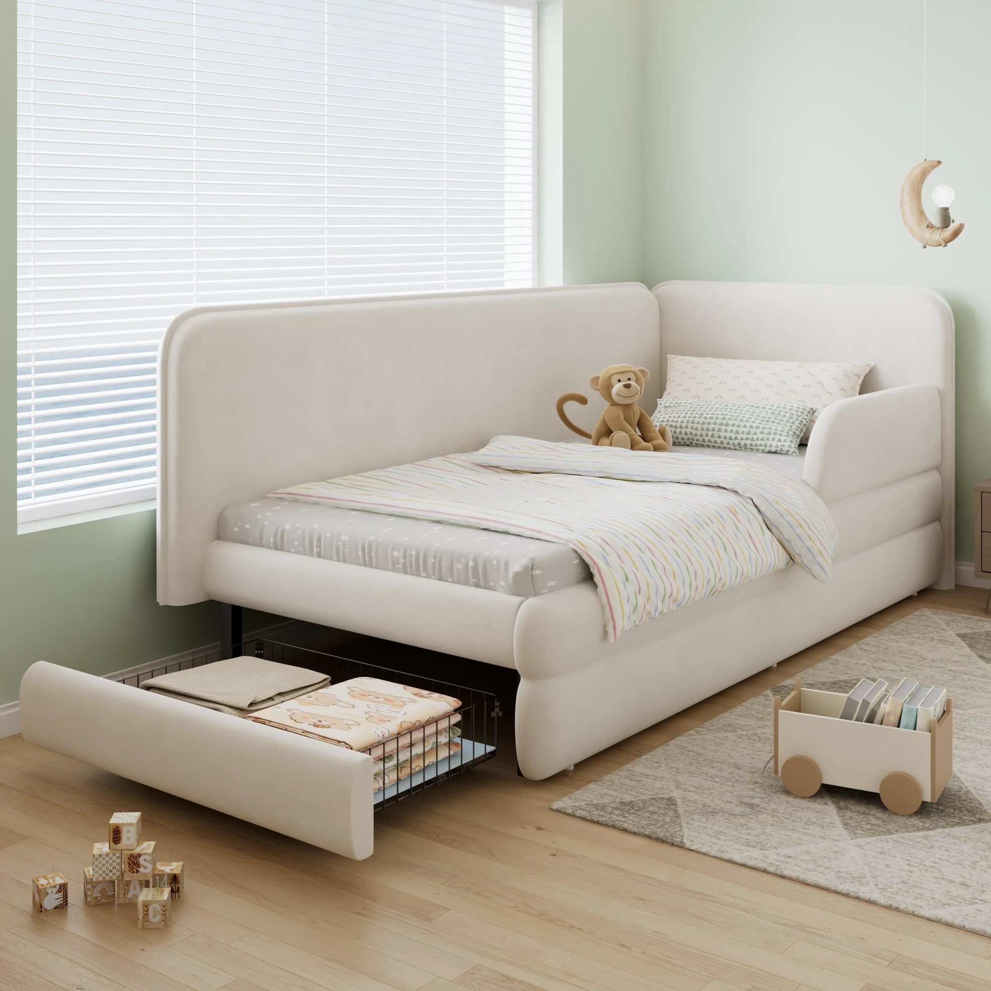 Upholstered Bed 3ft Single 90x190cm Drawer Footboard Side Rails Velvet Beige - Image 2