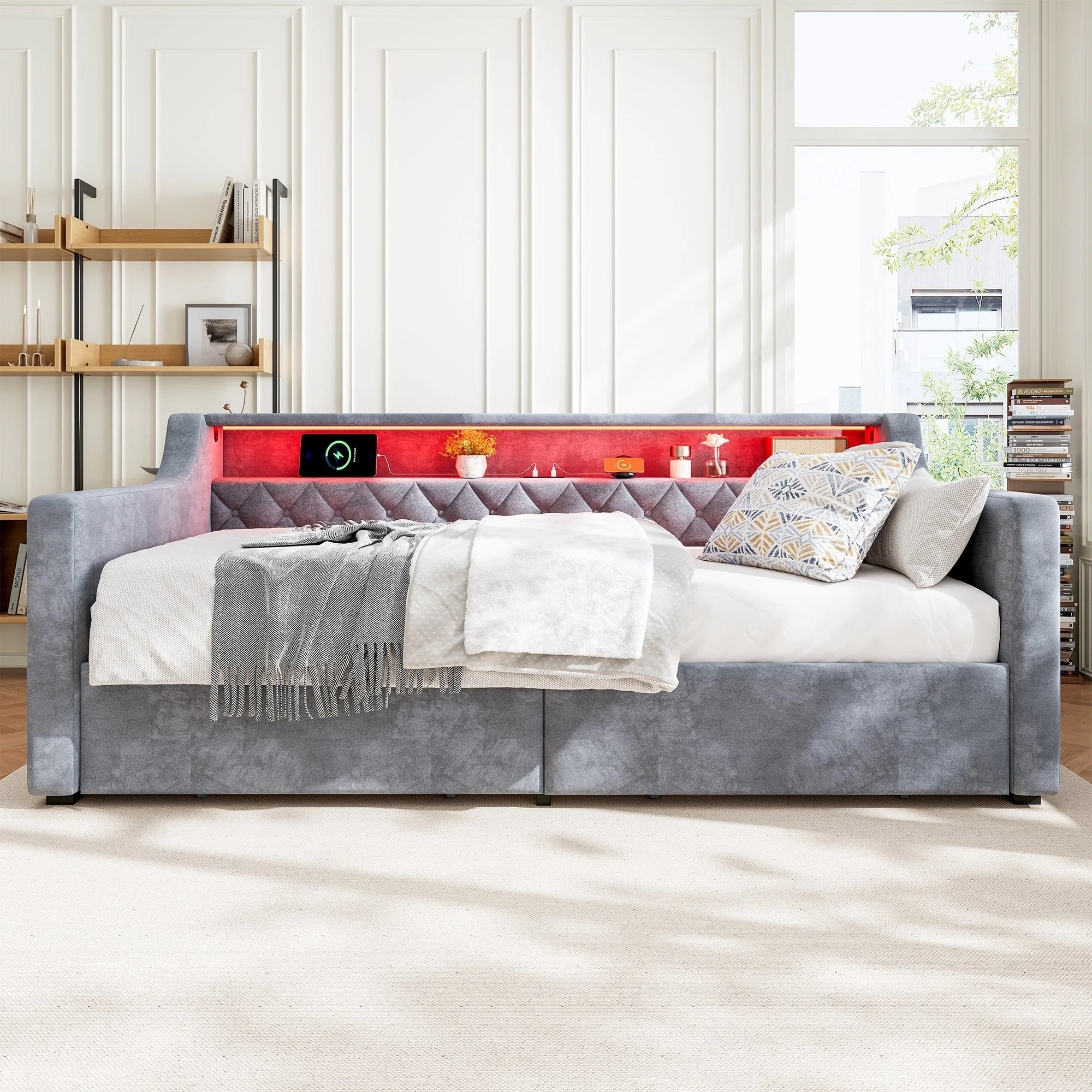 Upholstered Bed 3FT Single with Light Strip, Charging Port, 2 Drawers, Velvet Grey - Image 3