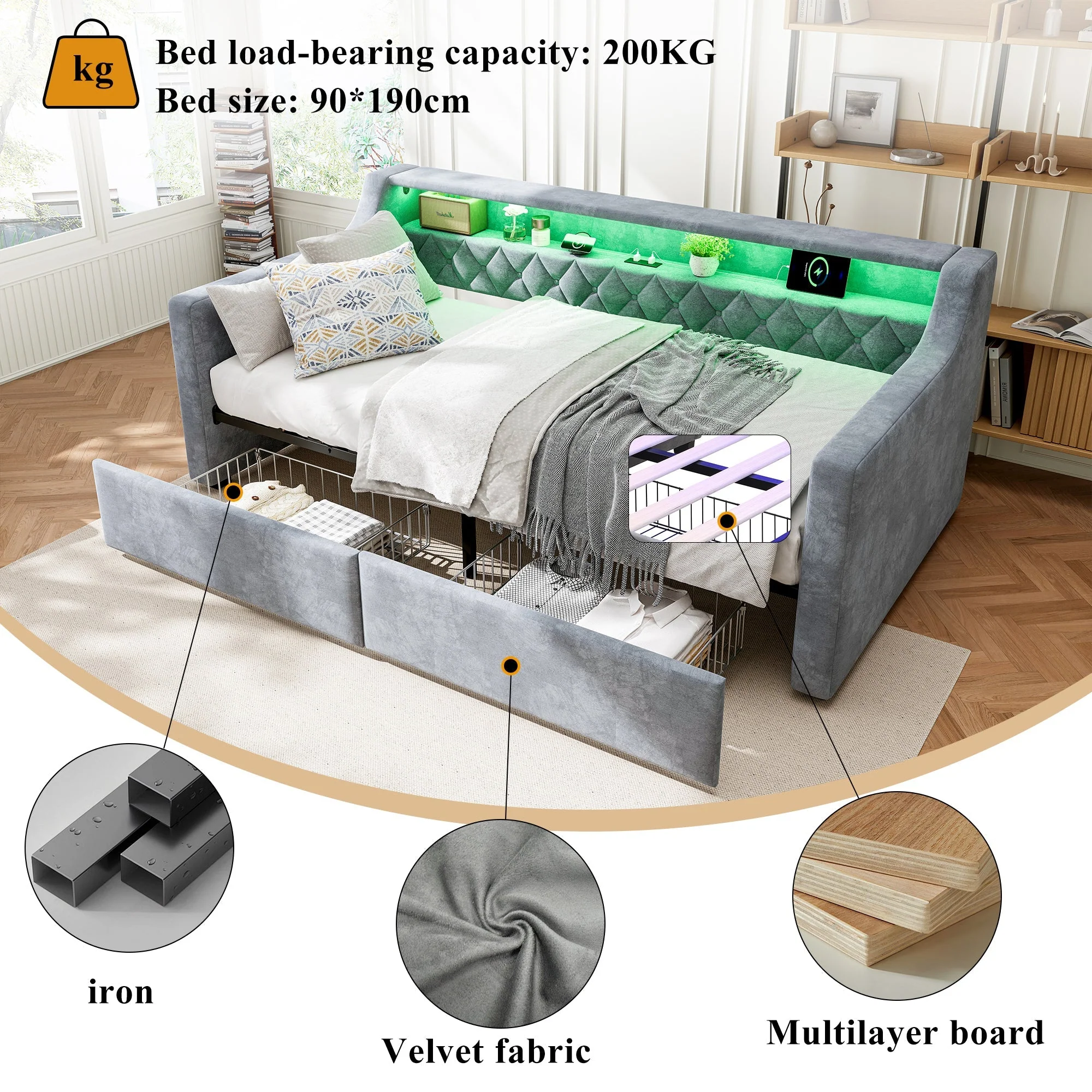 Upholstered Bed 3FT Single with Light Strip, Charging Port, 2 Drawers, Velvet Grey - Image 5
