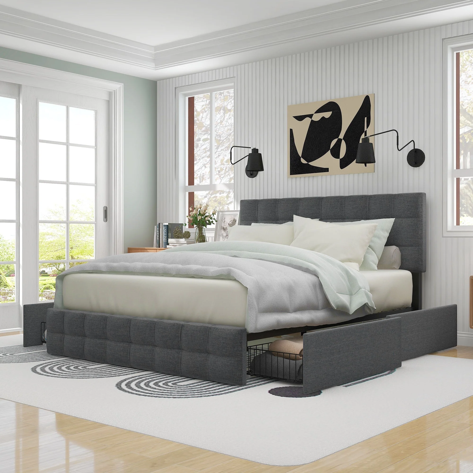 Upholstered Bed, 4 Drawers, Adjustable Headboard, Double, Grey Linen - Image 3