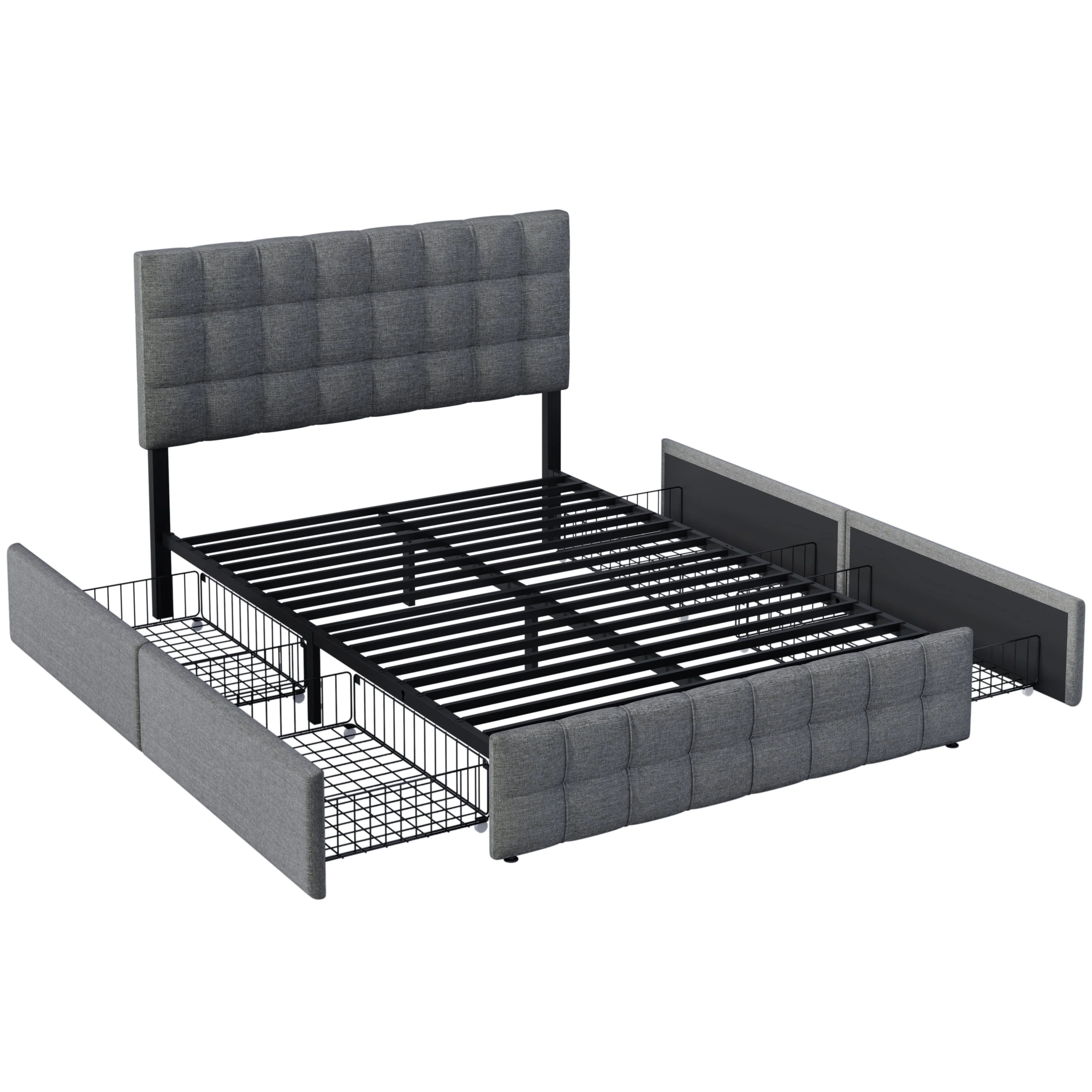 Upholstered Bed, 4 Drawers, Adjustable Headboard, Double, Grey Linen - Image 9