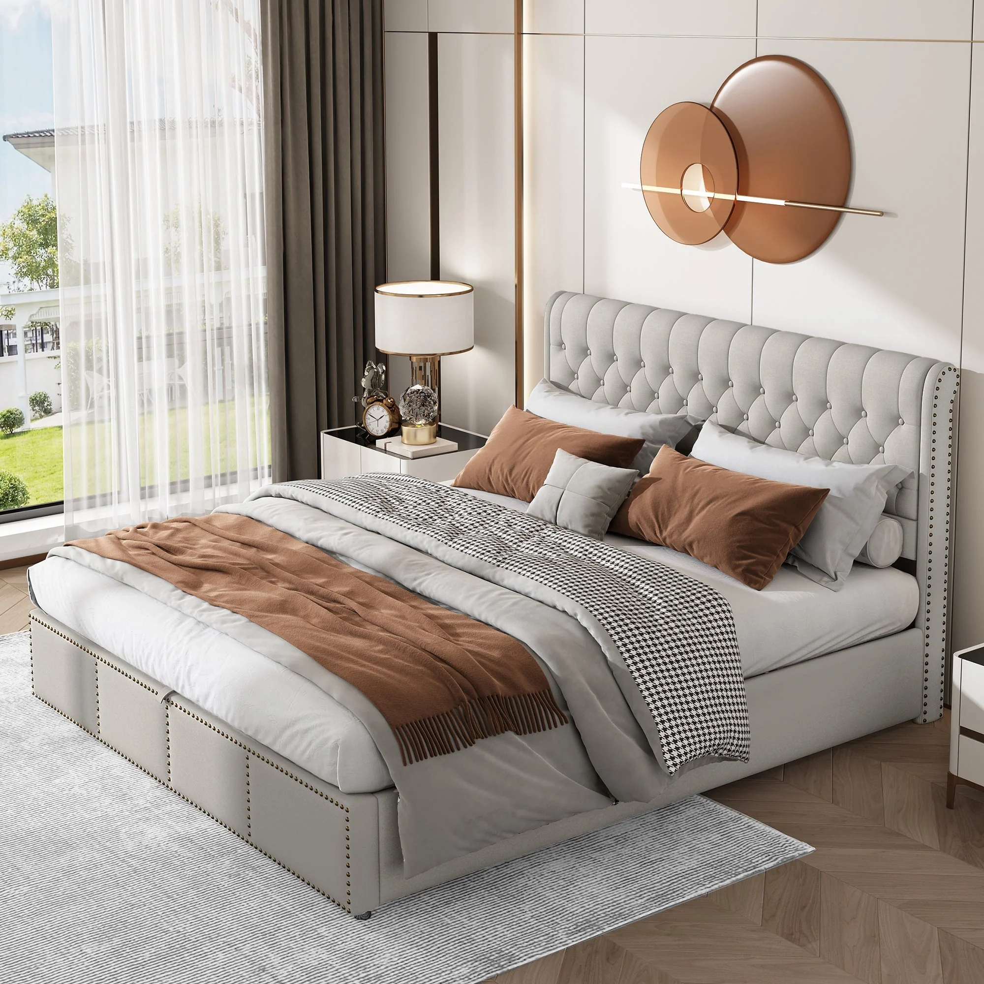 Upholstered Bed, 4ft6 Double (135x190cm) with Hydraulic Lever, Functional Storage, and Rivet Decoration, Light Grey Linen - Image 3