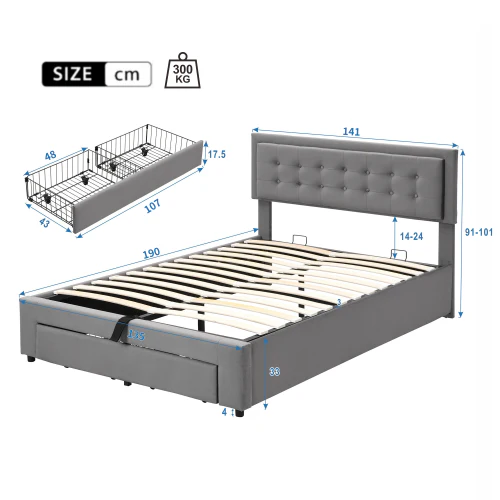 Upholstered Bed, 4ft6 Double (135x190cm) with Large Storage Space, Slats & Headboard, Grey Velvet - Image 6