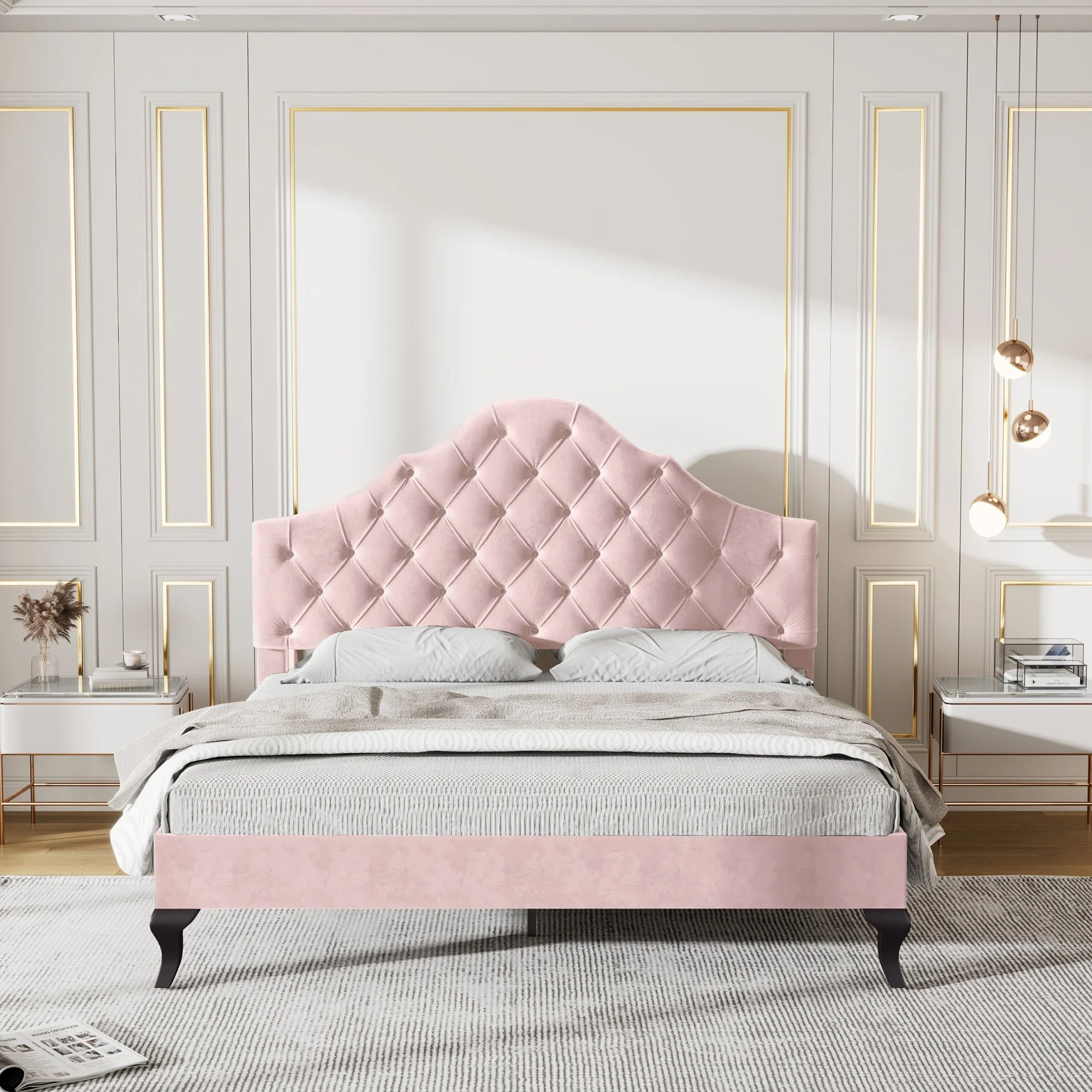Upholstered Bed, 4ft6 Double (135x190cm) with Slatted Frame & Adjustable Headboard, Velvet Pink - Image 5