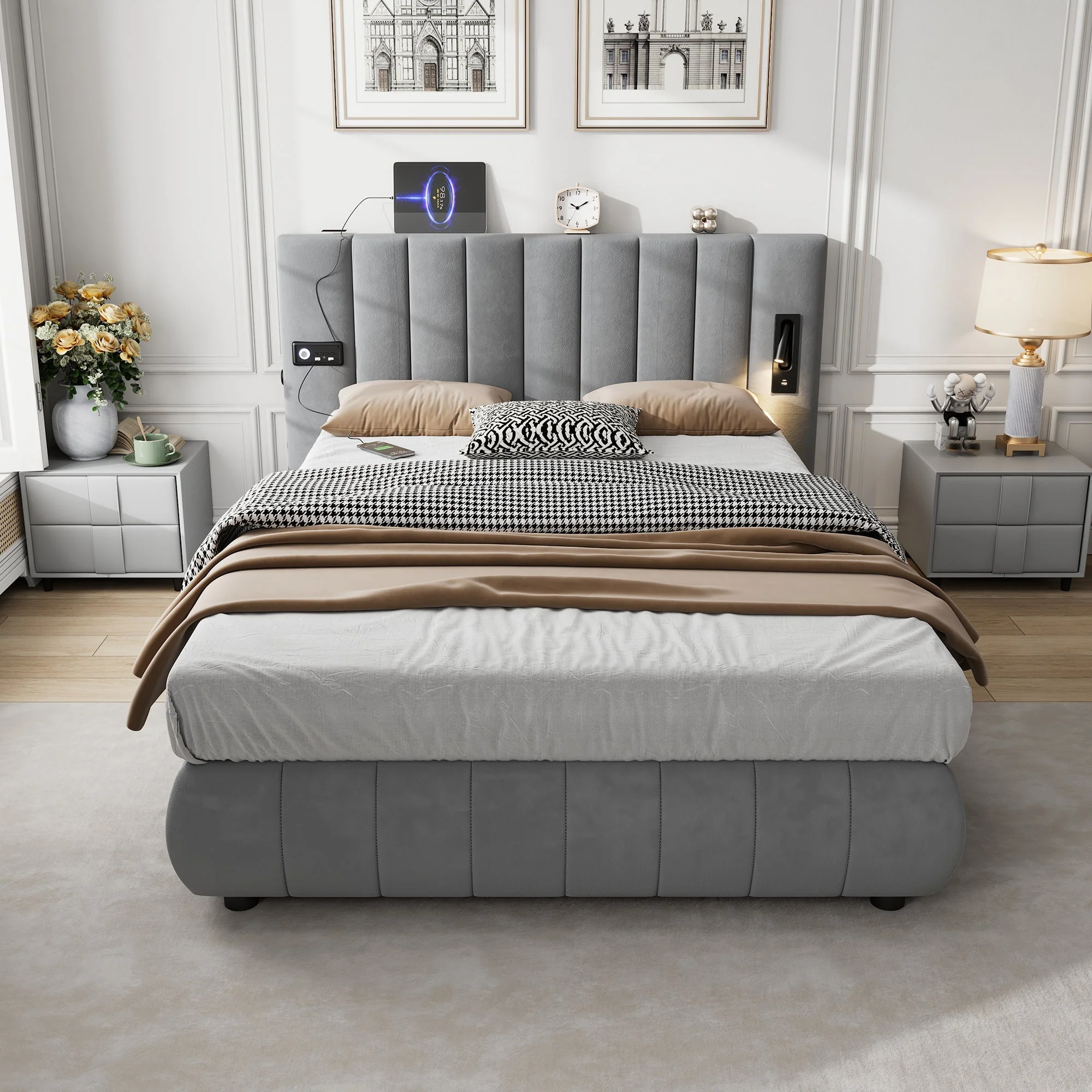 Upholstered Bed 4ft6 Double, 135x190cm, with Stereo, USB-A & USB-C, Lighting, Electrical Plug, Soft Headboard, Velvet & Iron, Grey - Image 2