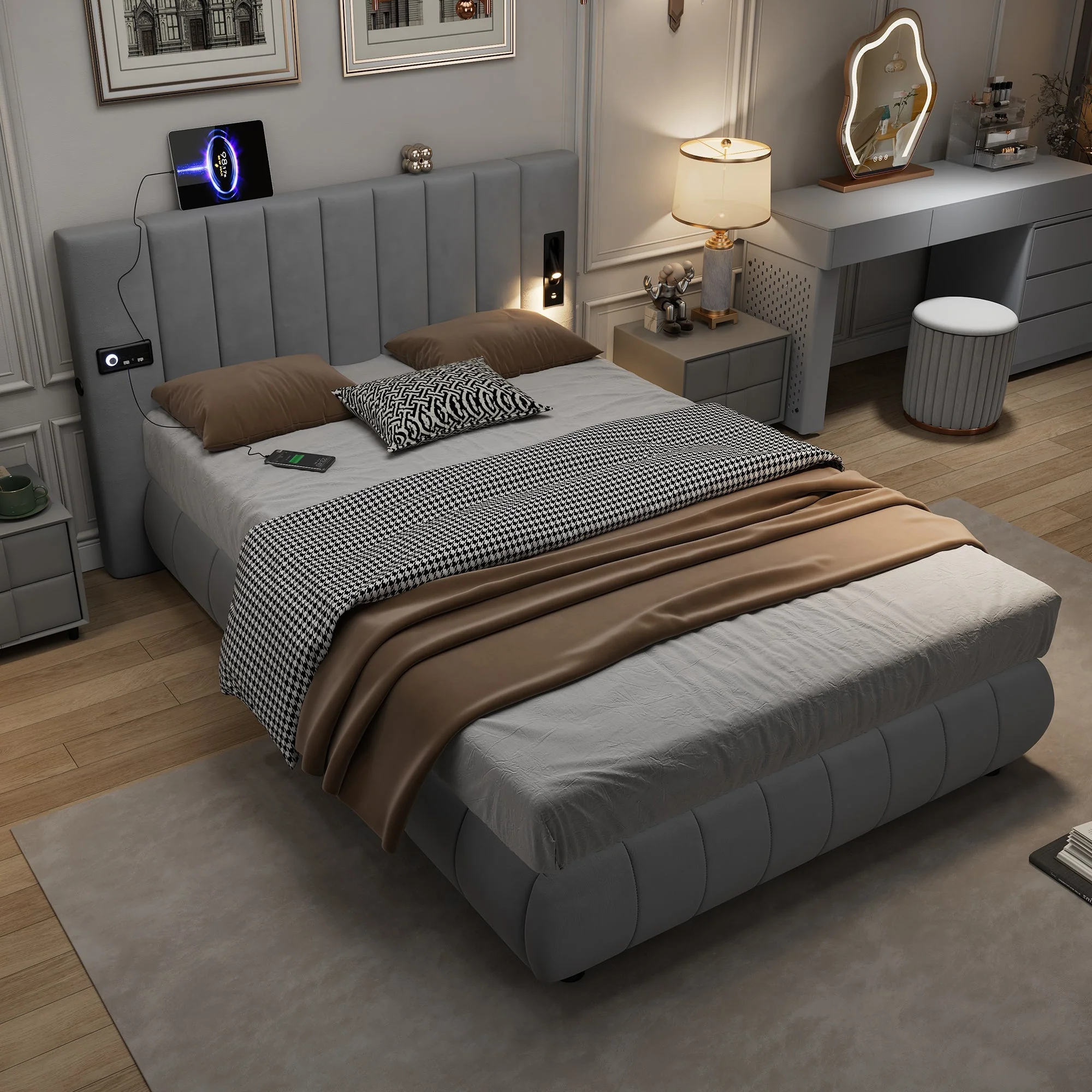 Upholstered Bed 4ft6 Double, 135x190cm, with Stereo, USB-A & USB-C, Lighting, Electrical Plug, Soft Headboard, Velvet & Iron, Grey - Image 3