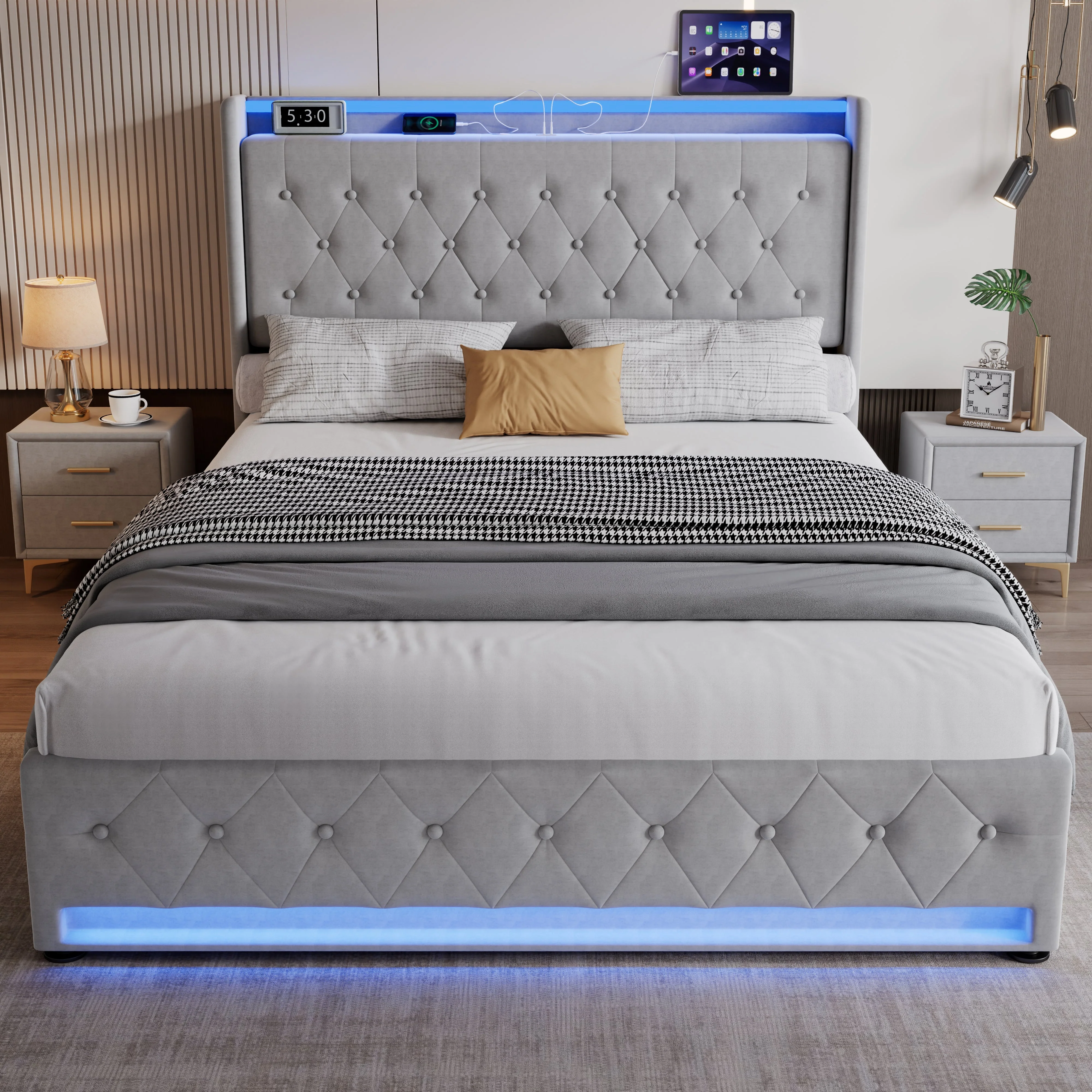 Upholstered Bed, 4ft6 Double with 4 Drawers, Light Strips & Charging Socket, Grey Velvet - Image 3