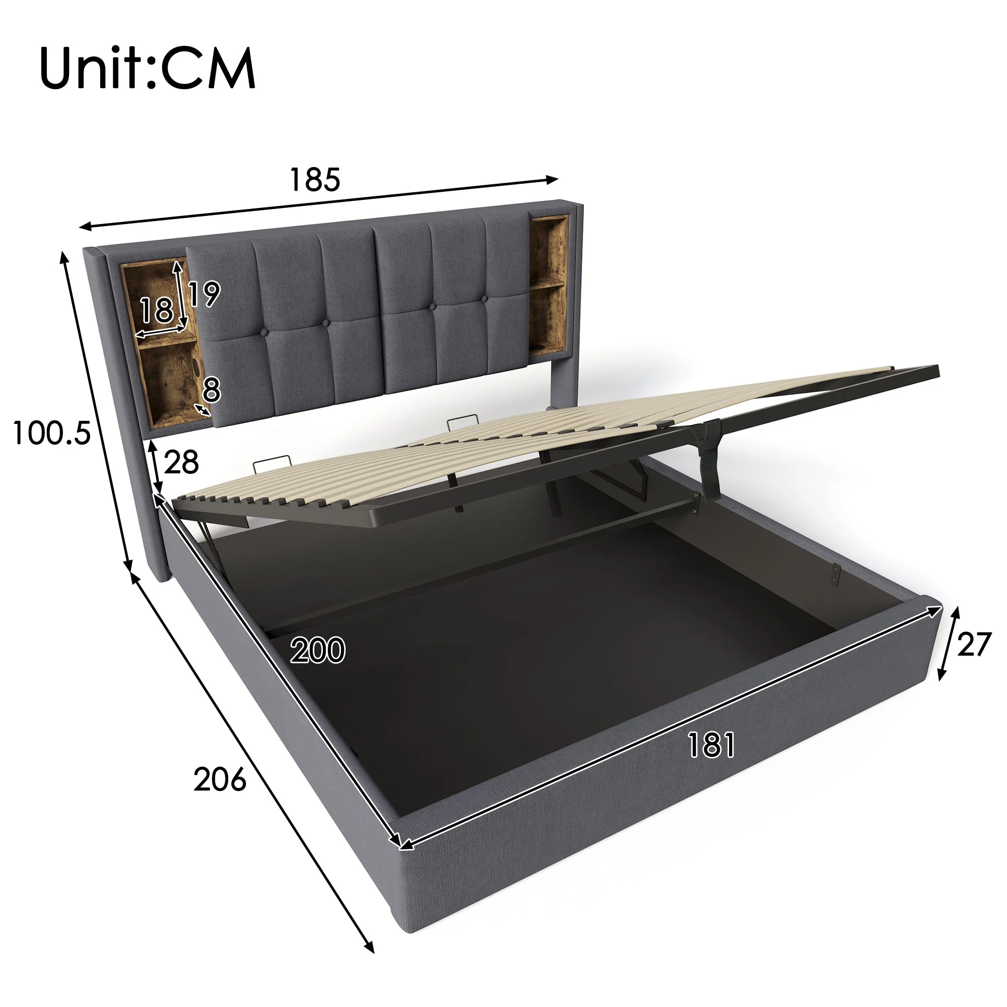 Upholstered Bed 6FT Super King 180x200cm, Wireless Charging USB, Hydraulic Storage, Linen, Grey - Image 2