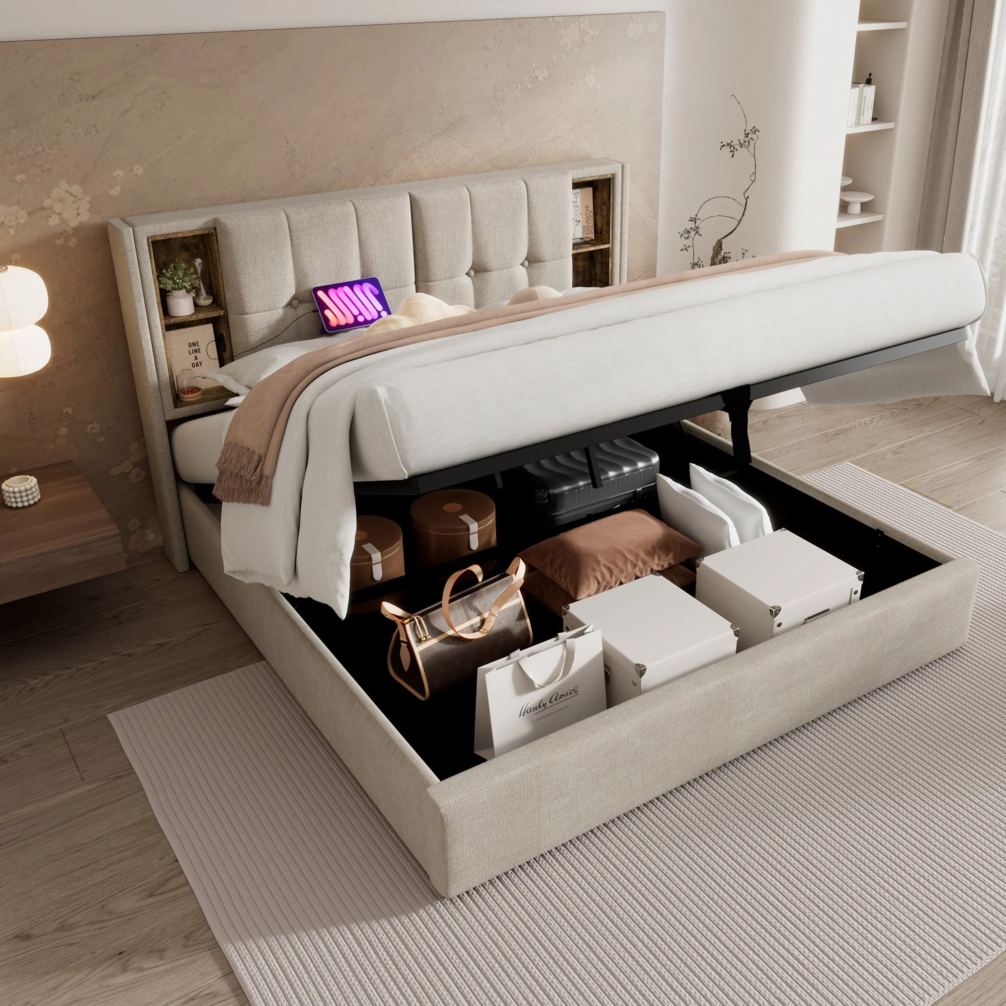 Upholstered Bed 6FT Super King Size 180x200cm Wireless Charging Hydraulic Storage Linen Natural