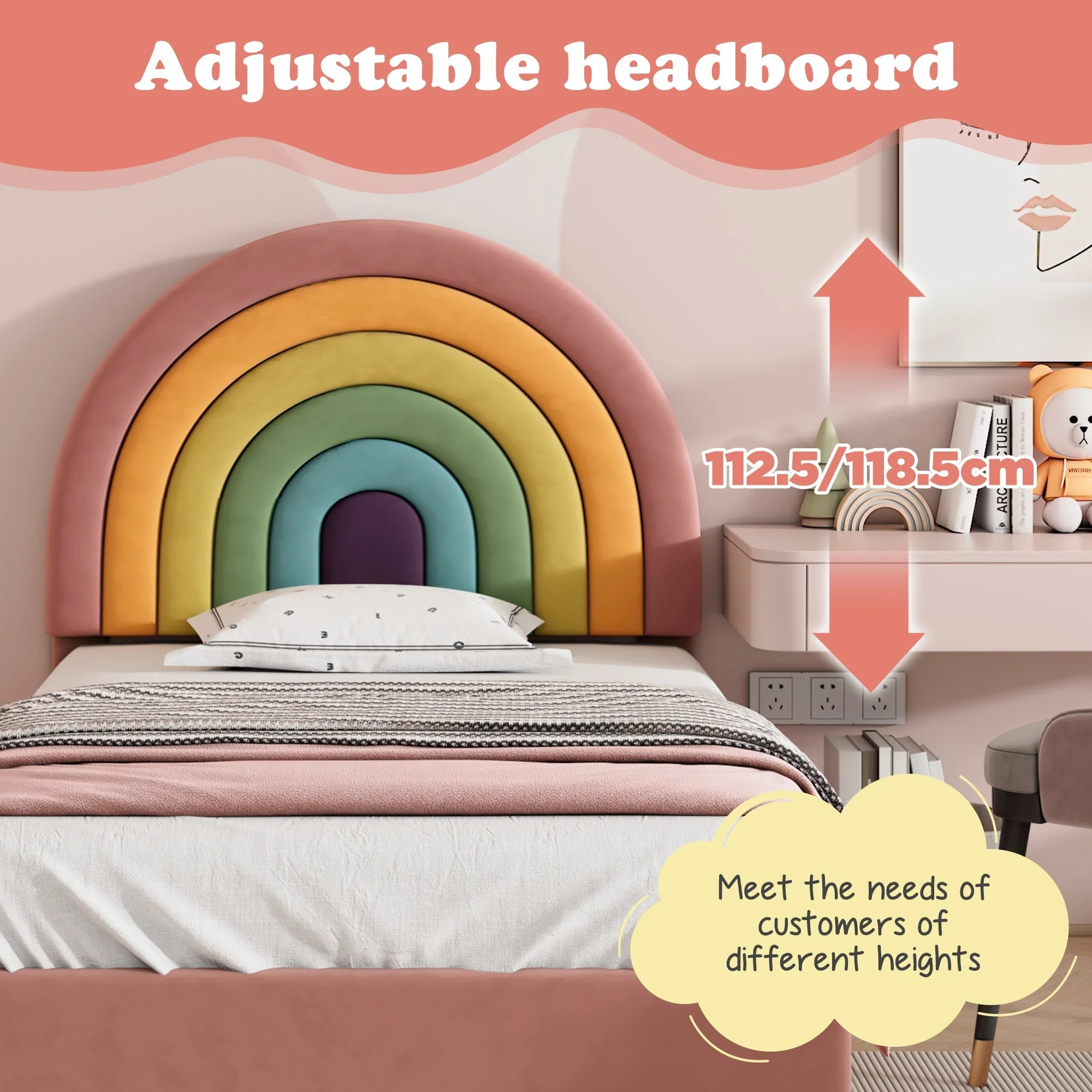 Upholstered Bed 90*190, Slatted Frame with Height-Adjustable Headboard, Easy Assembly, Velvet, Pink - Image 7