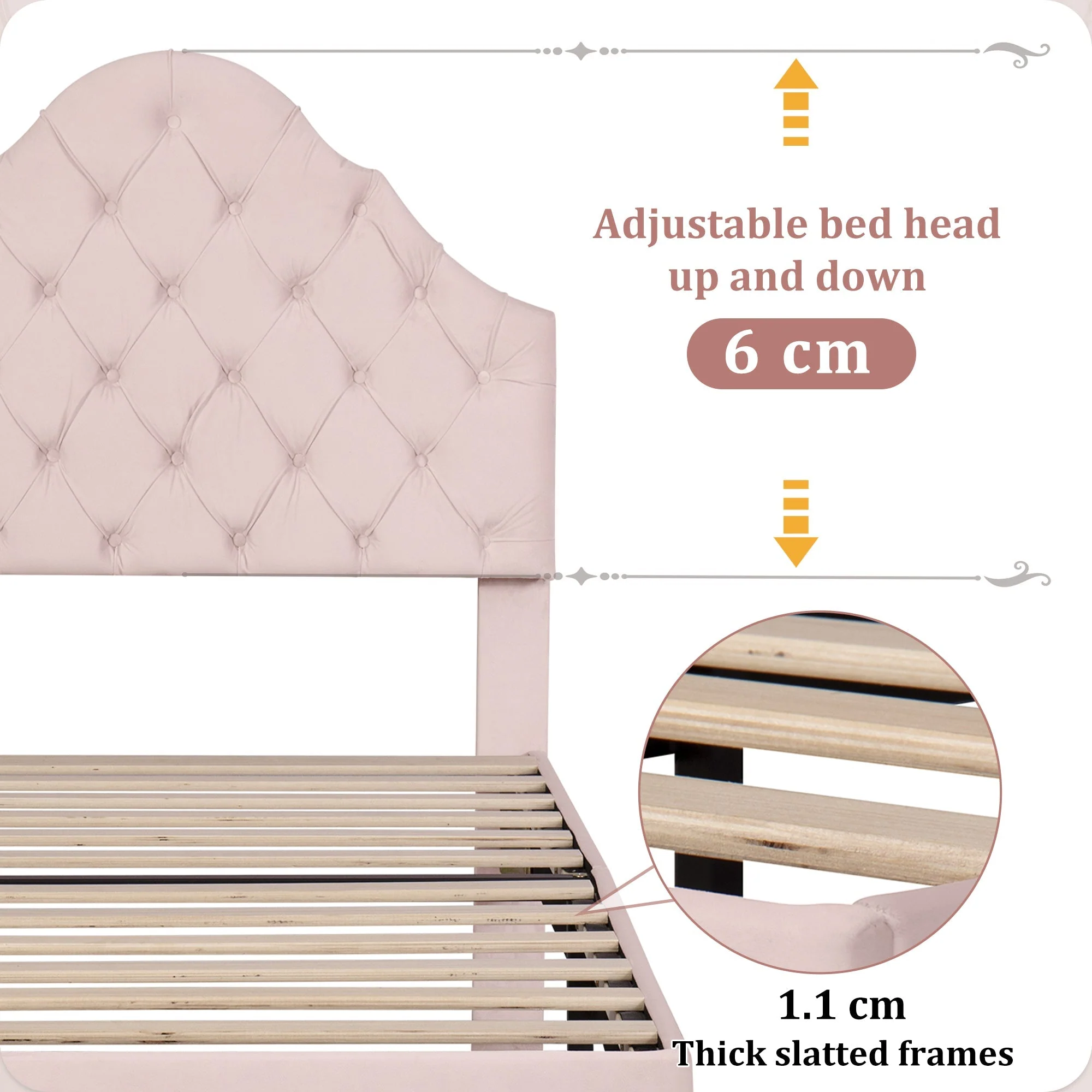 Upholstered Bed 90*190 with Height-Adjustable Headboard, Slatted Frame, Velvet Pink - Image 5