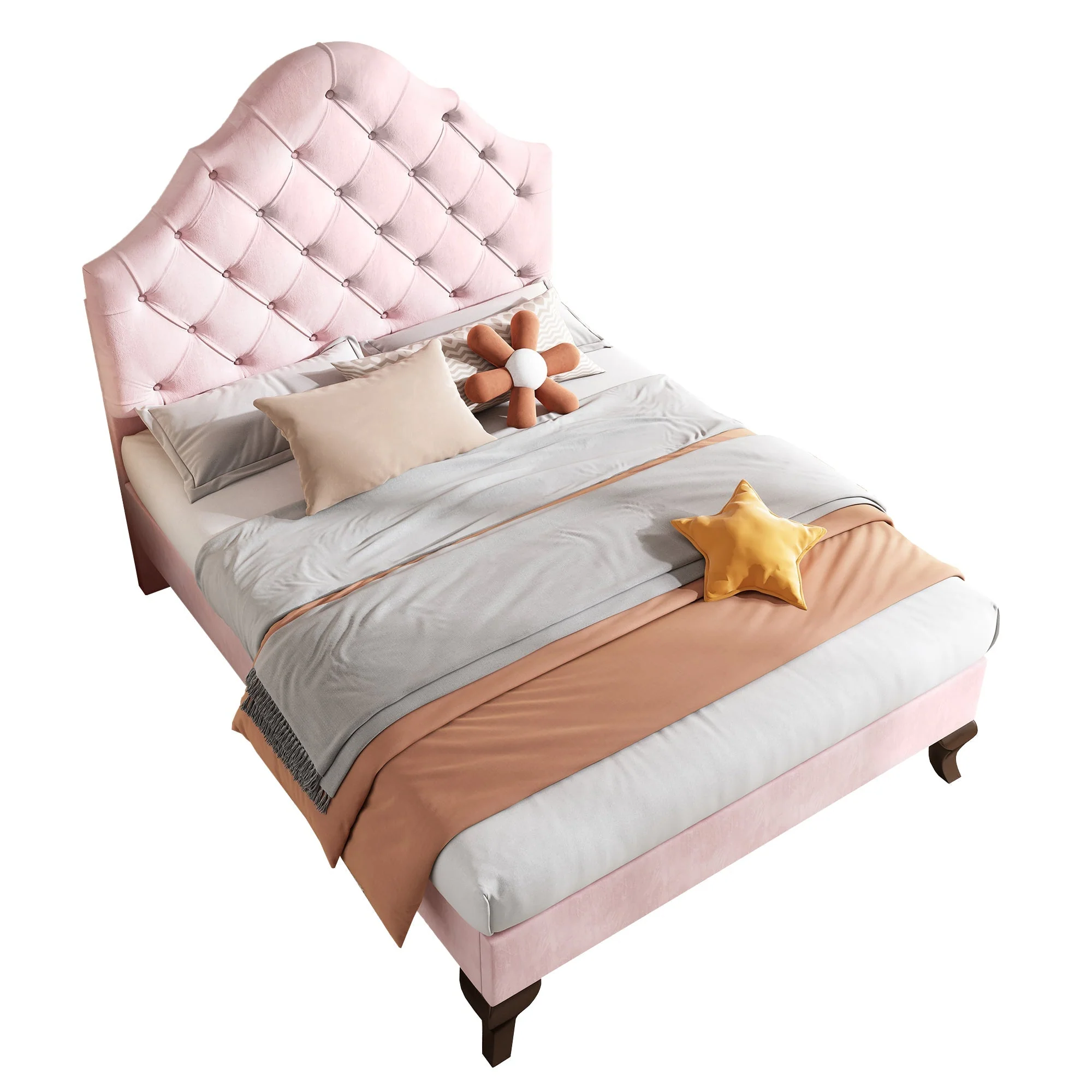 Upholstered Bed 90*190 with Height-Adjustable Headboard, Slatted Frame, Velvet Pink - Image 6
