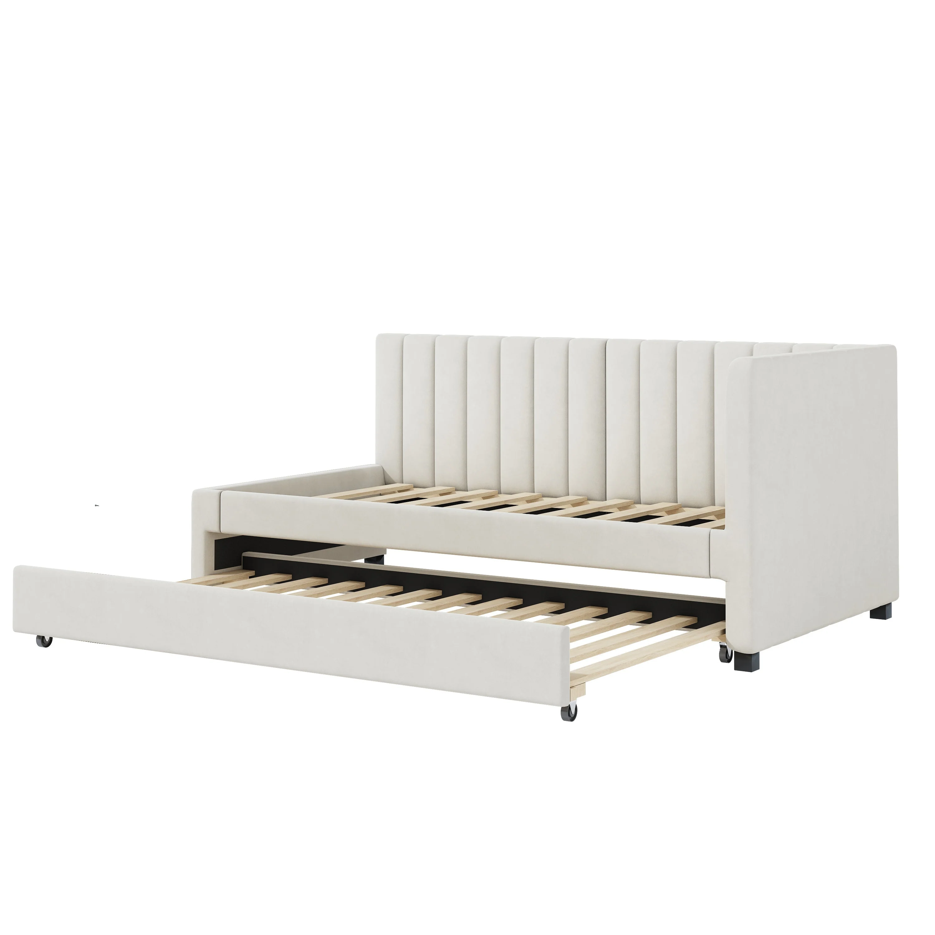 Upholstered Bed 90*200, Pull-Out Sofa Bed, Multifunctional with Slatted Frame, Velvet Fabric Beige - Image 7