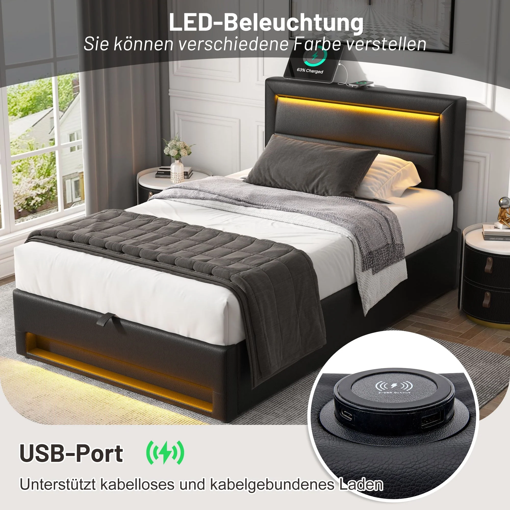 Upholstered Bed 90 x 190 cm with USB Charging, LED Lighting and Storage, Black PU Leather - Image 5
