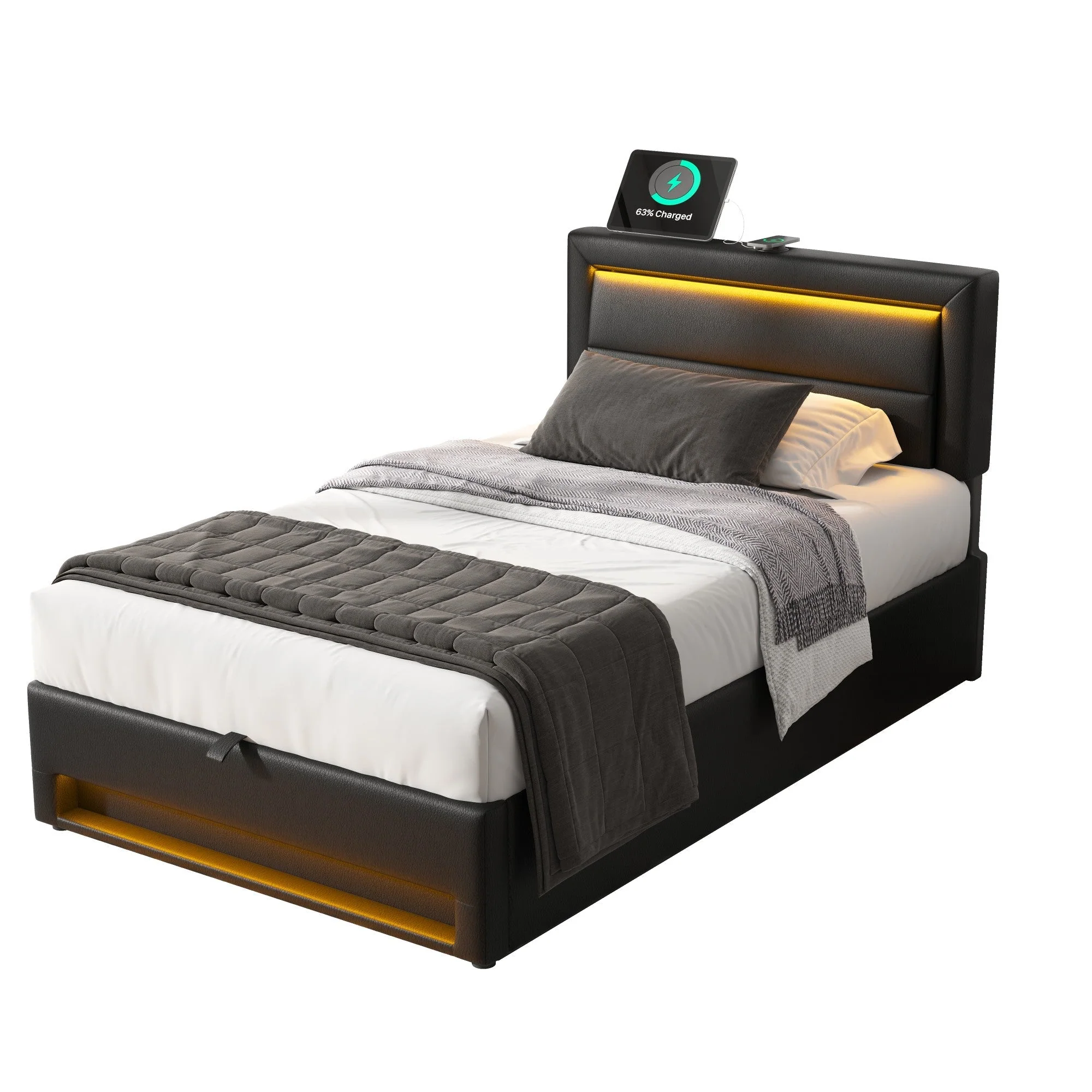 Upholstered Bed 90 x 190 cm with USB Charging, LED Lighting and Storage, Black PU Leather - Image 7