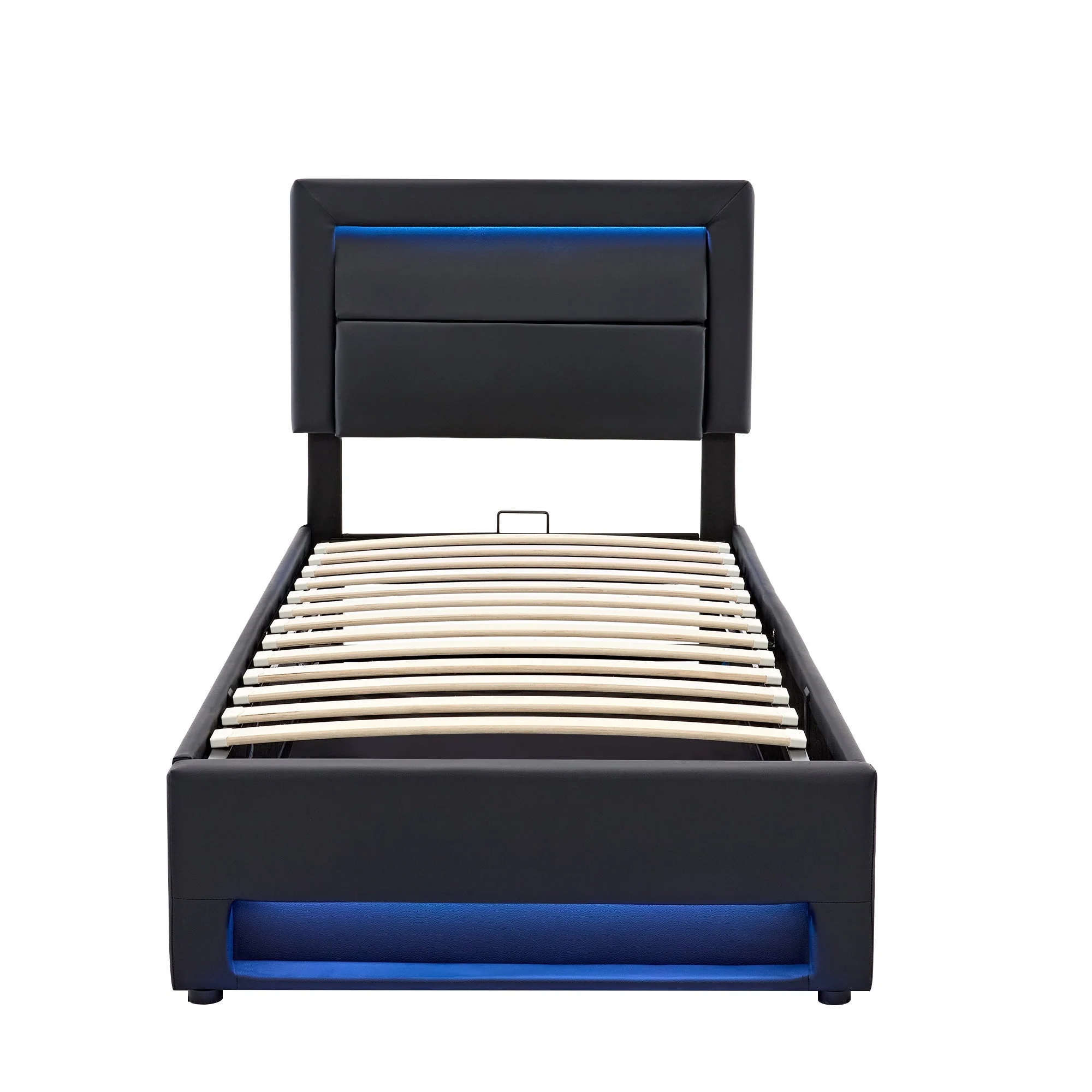 Upholstered Bed 90 x 190 cm with USB Charging, LED Lighting and Storage, Black PU Leather - Image 9