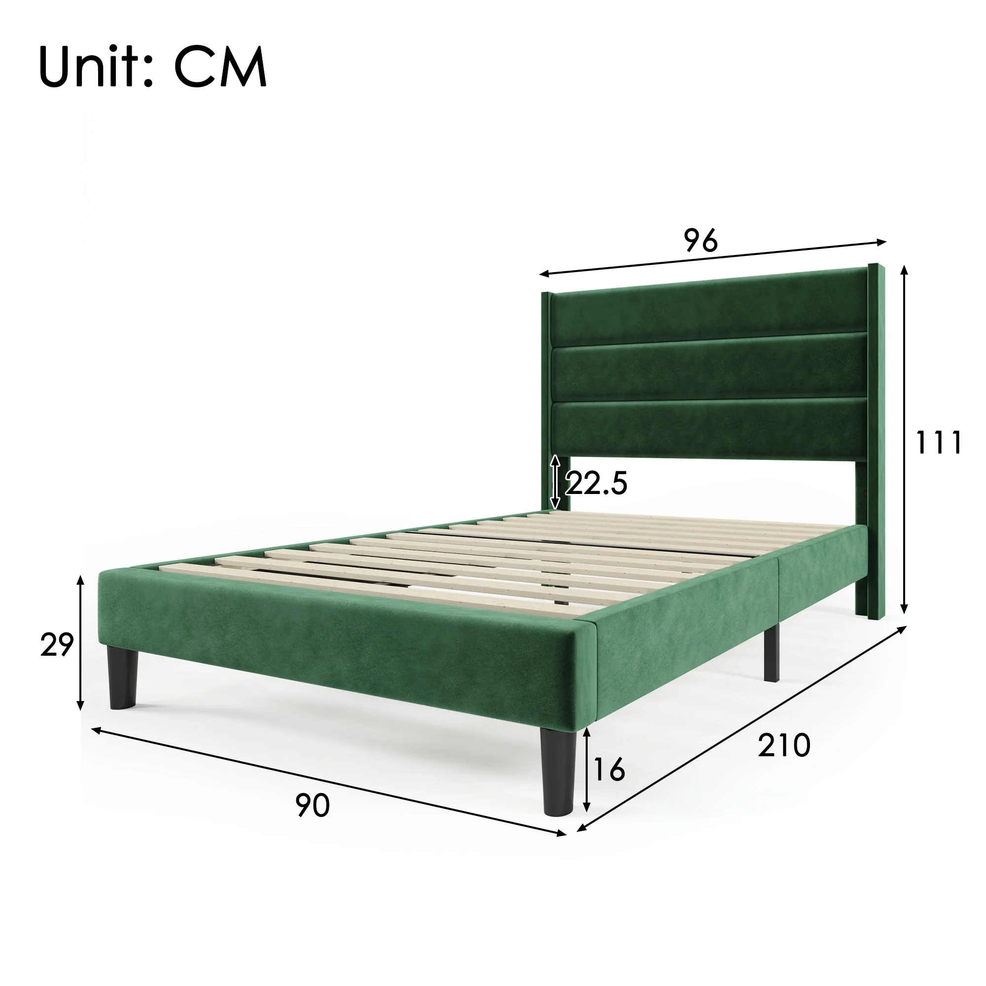 Upholstered Bed, 90 x 200 cm, Slatted Frame & Headboard, Velvet Dark Green - Image 6