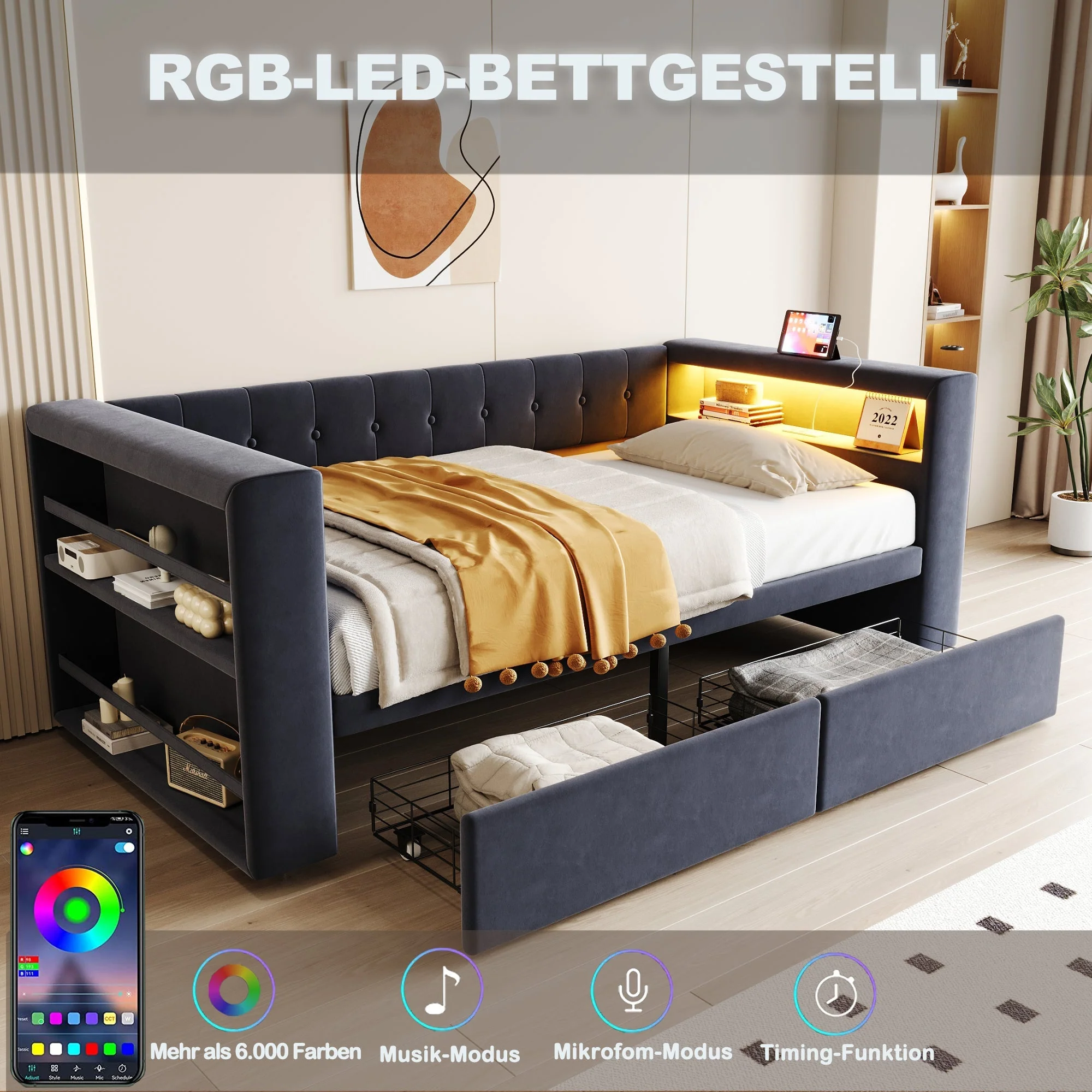 Upholstered Bed 90×190 cm LED Power Outlet Storage Drawers, Dark Grey - Image 6