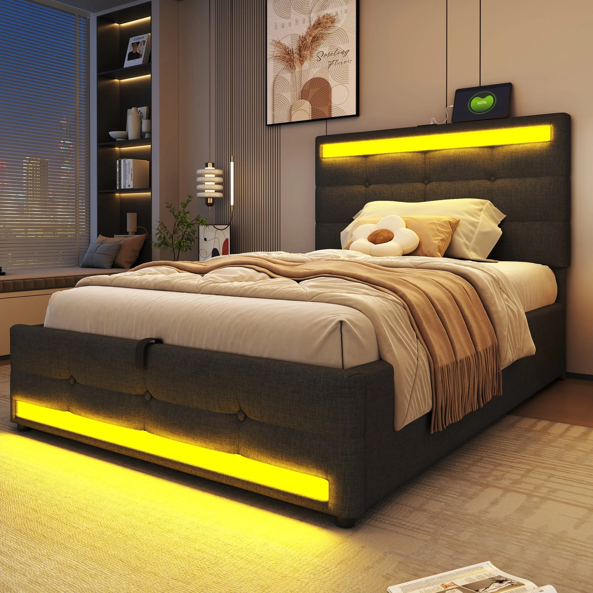 Upholstered Bed 90x200 Hydraulic Storage USB LED Light Strip, Grey Linen Single Bed - Image 2