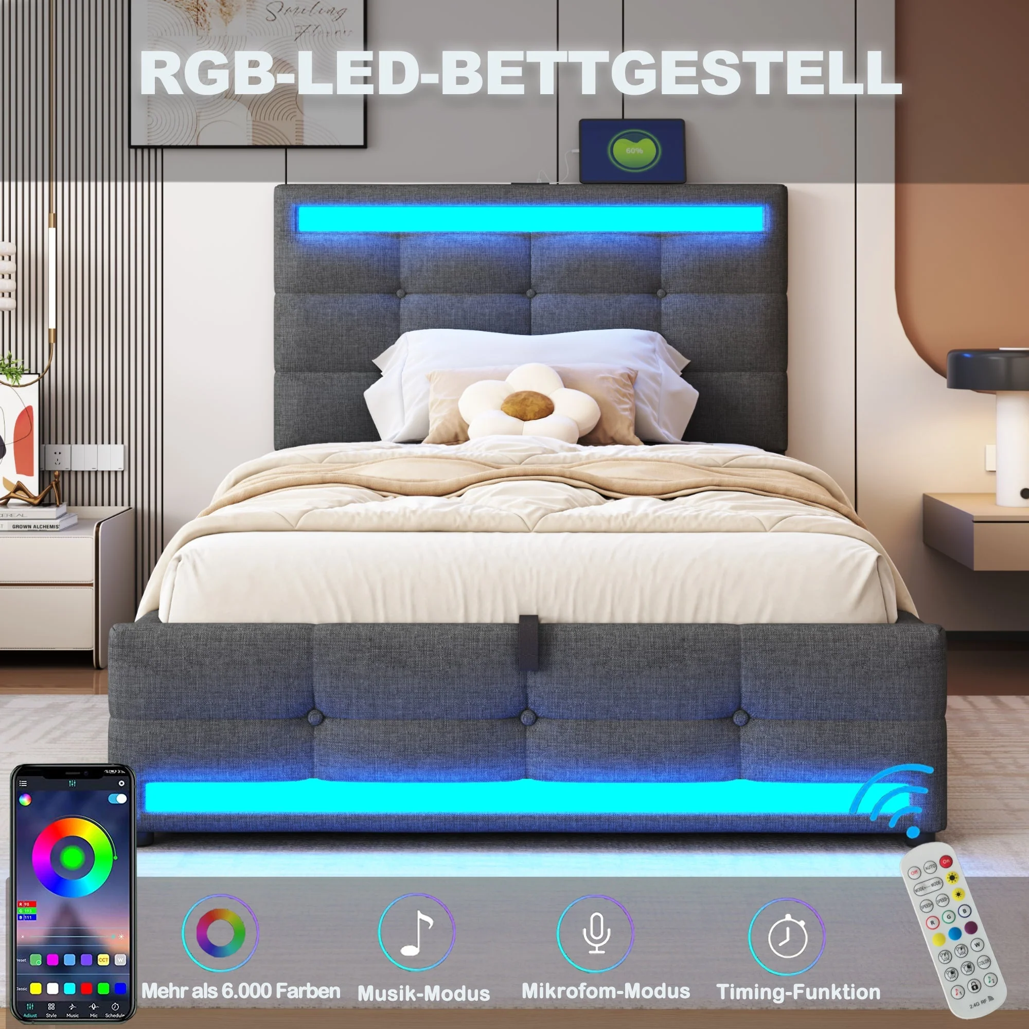 Upholstered Bed 90x200 Hydraulic Storage USB LED Light Strip, Grey Linen Single Bed - Image 5