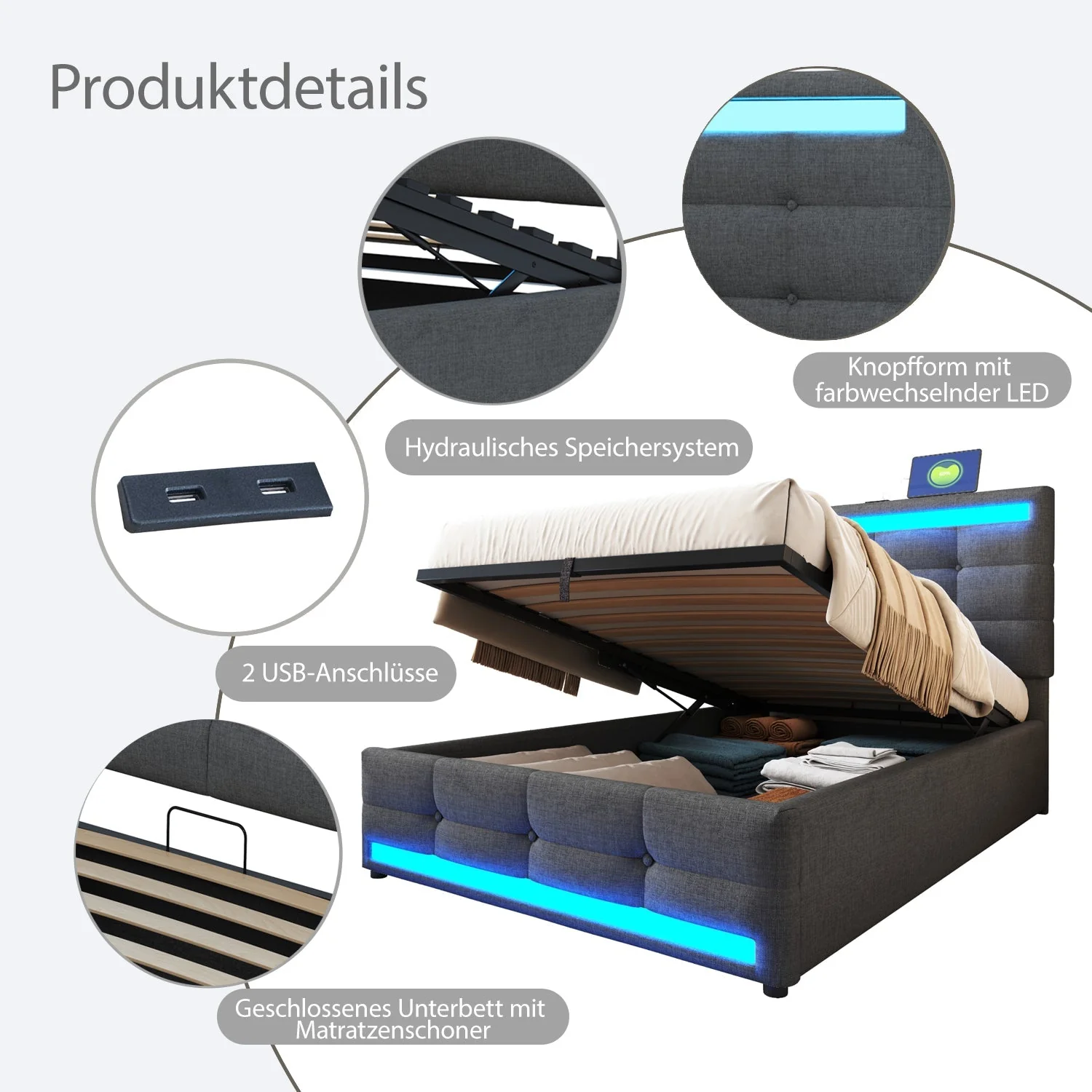 Upholstered Bed 90x200 Hydraulic Storage USB LED Light Strip, Grey Linen Single Bed - Image 6