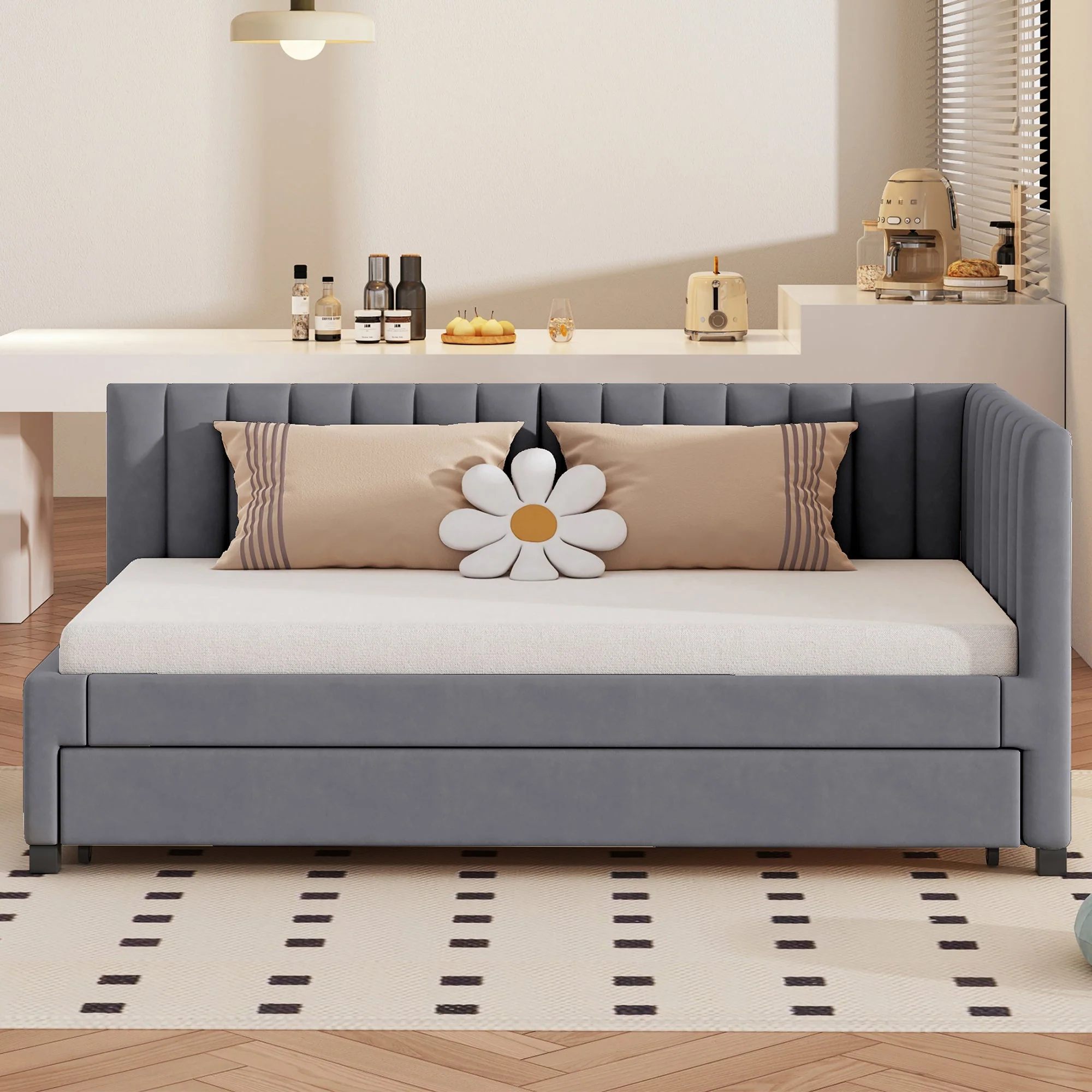 Upholstered Bed 90x200, Pull-Out Multifunctional Sofa Bed with Slatted Frame, Velvet Fabric Gray - Image 2