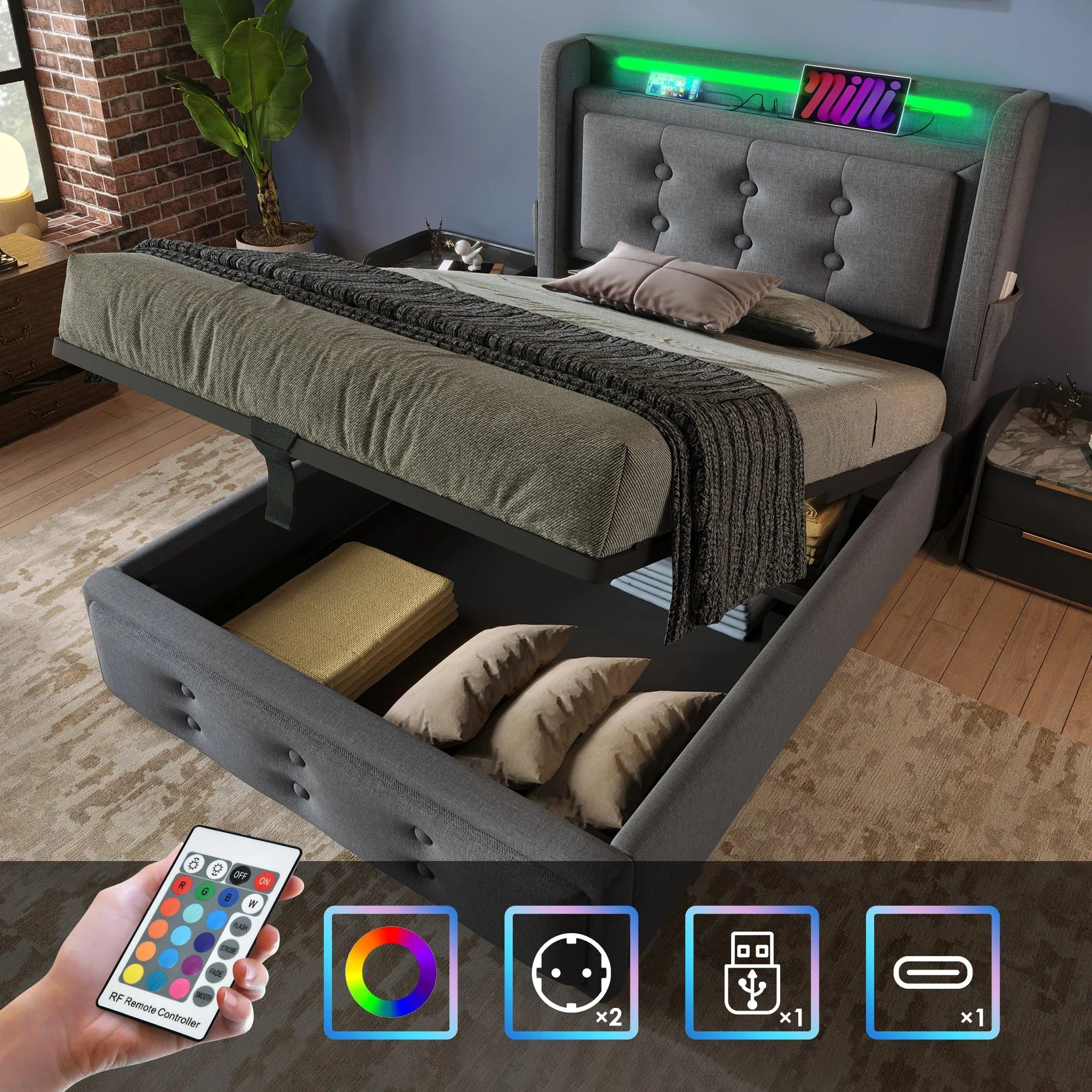 Upholstered Bed 90x200 Single Hydraulic LED/USB-C Grey Cotton - Image 8