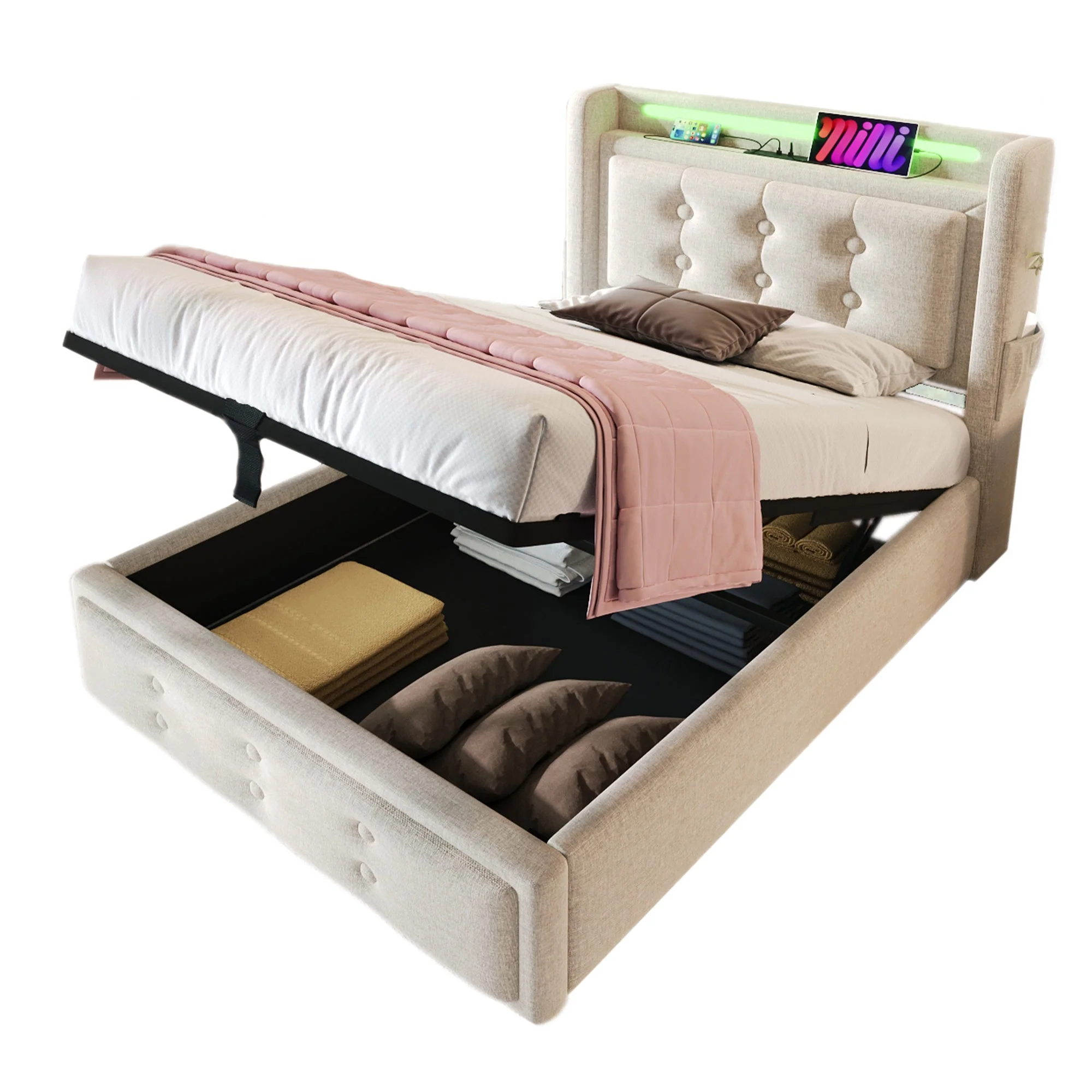 Upholstered Bed 90x200 Single LED Headboard USB-C Hydraulic Storage, Beige Cotton - Image 8