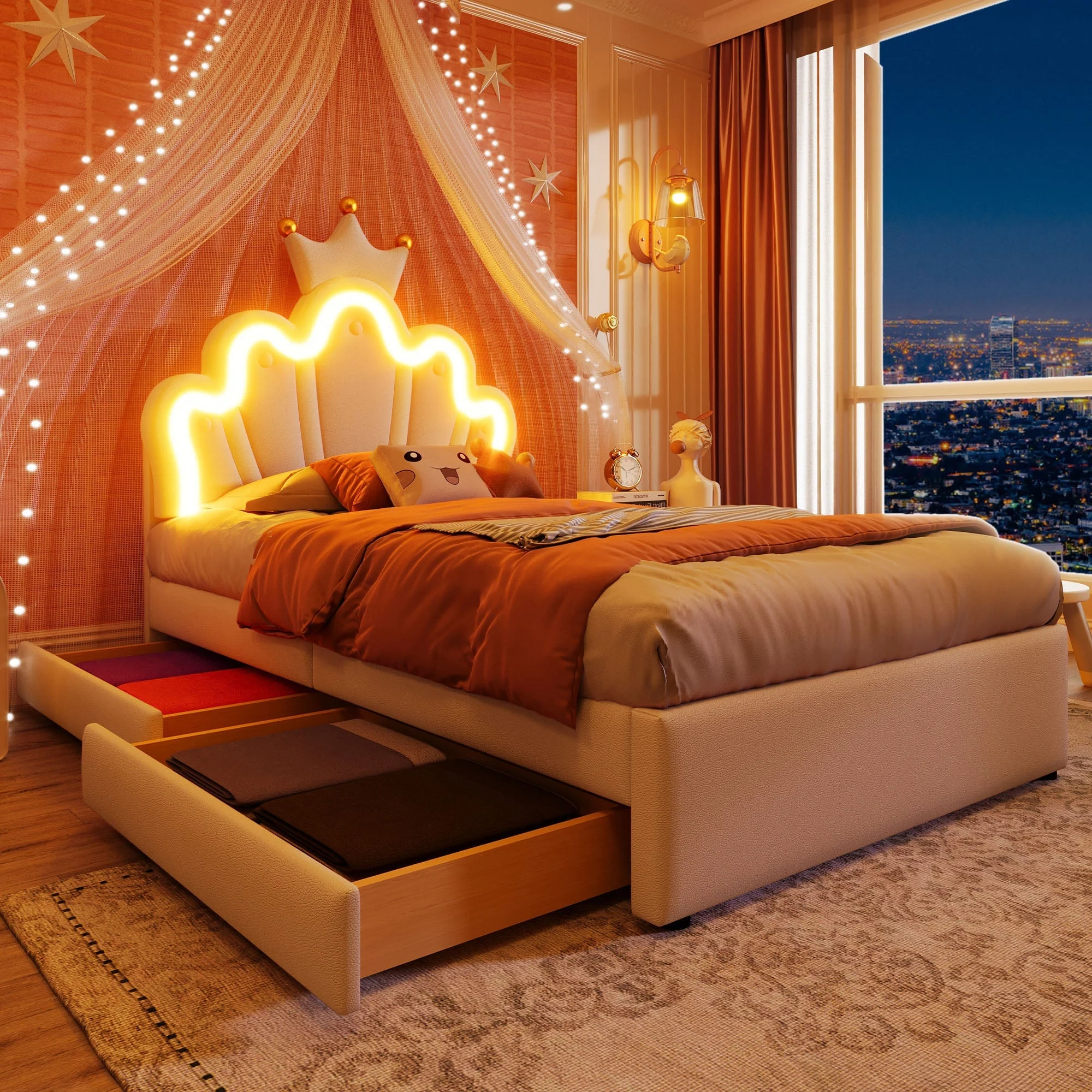Upholstered Bed 90x200cm 2 Drawers Crown Adjustable Headboard Ambient Light - White PU - Image 5
