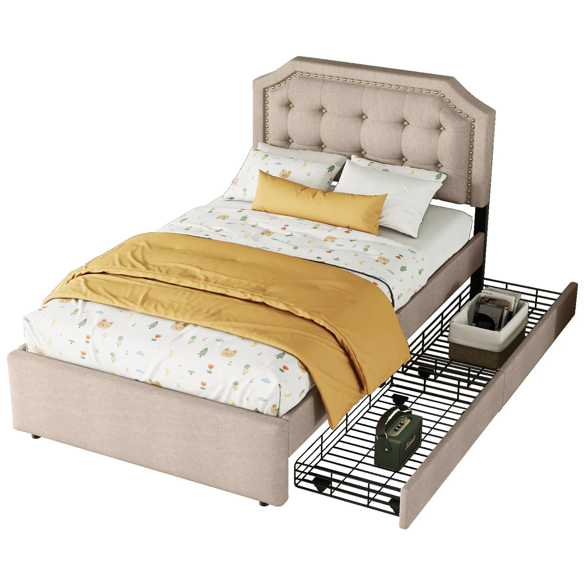 Upholstered Bed 90x200cm Flat Double Drawers Decorative Studs Dark Beige - Image 4
