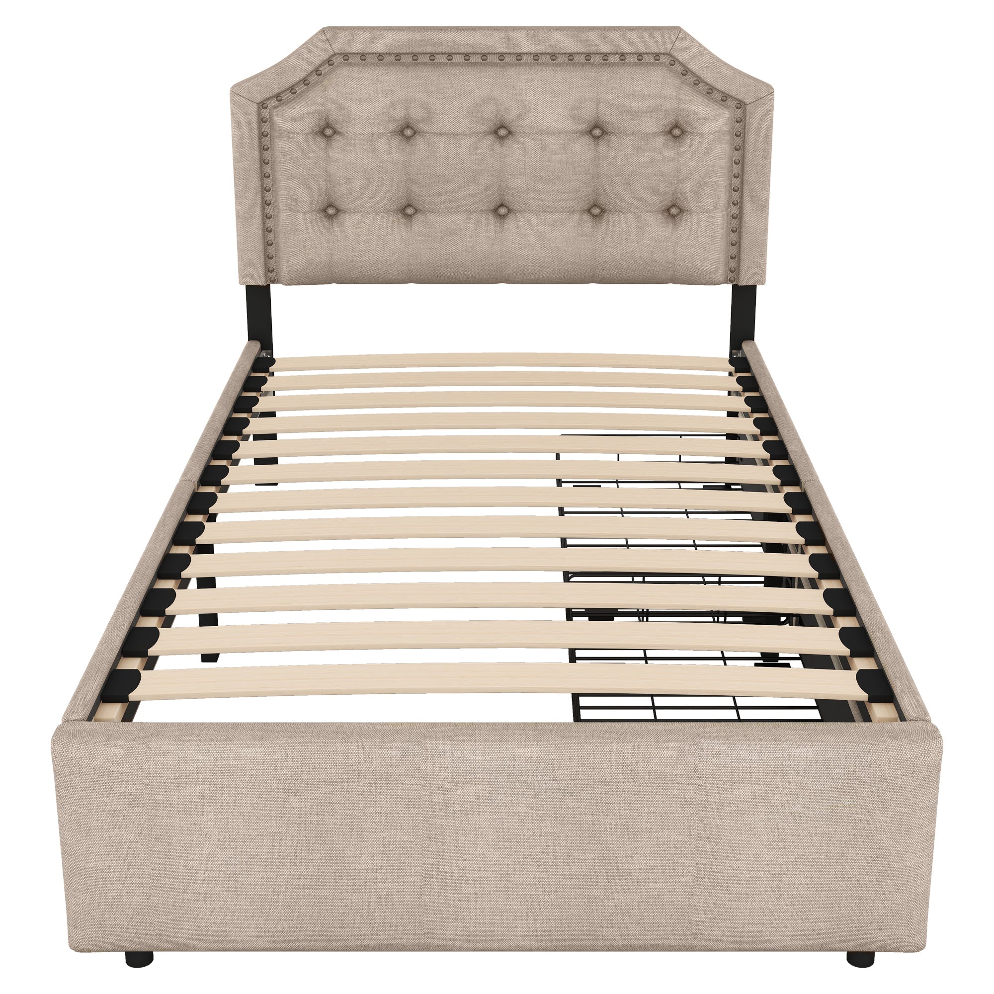 Upholstered Bed 90x200cm Flat Double Drawers Decorative Studs Dark Beige - Image 7